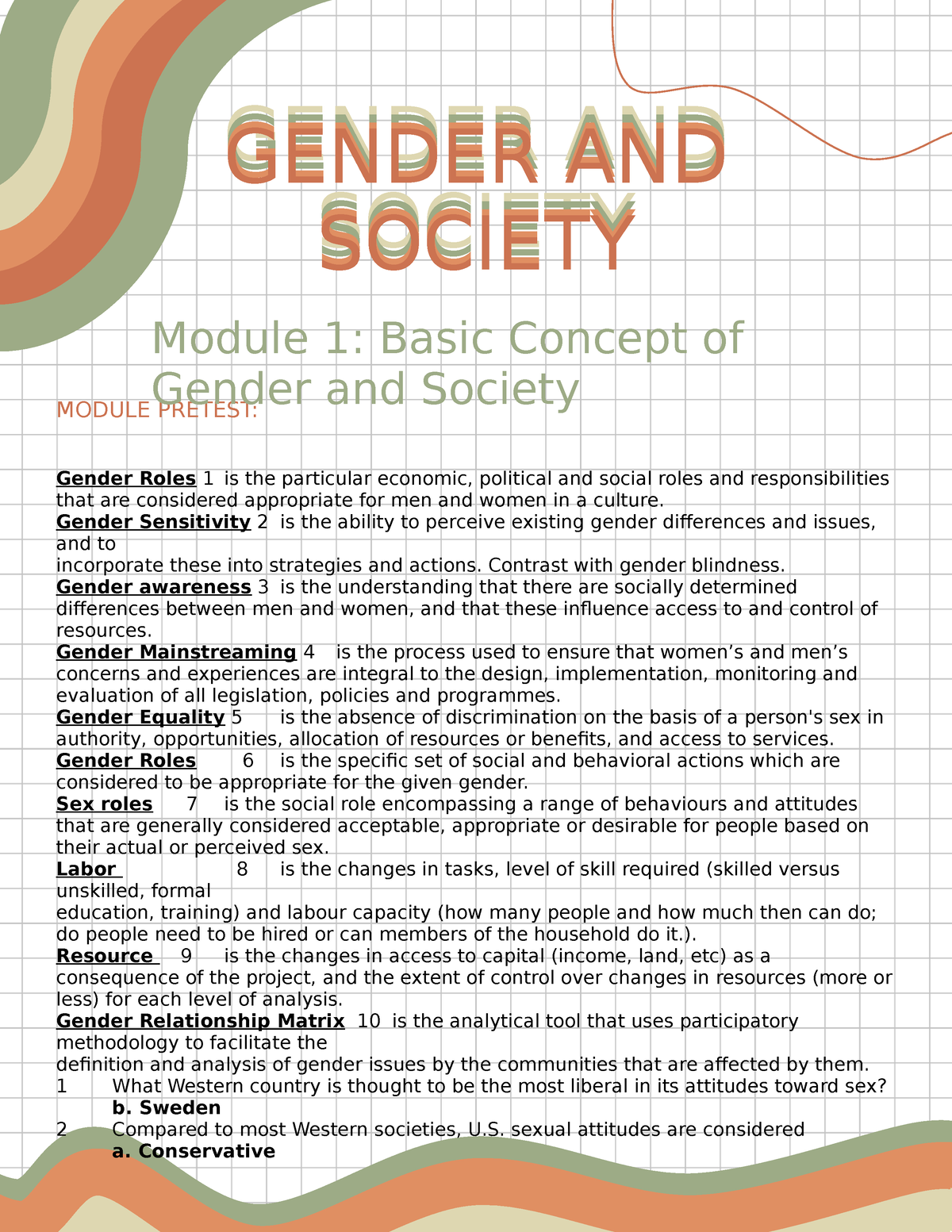 Gender AND Society Module - MODULE PRETEST: Gender Roles 1 Is The ...