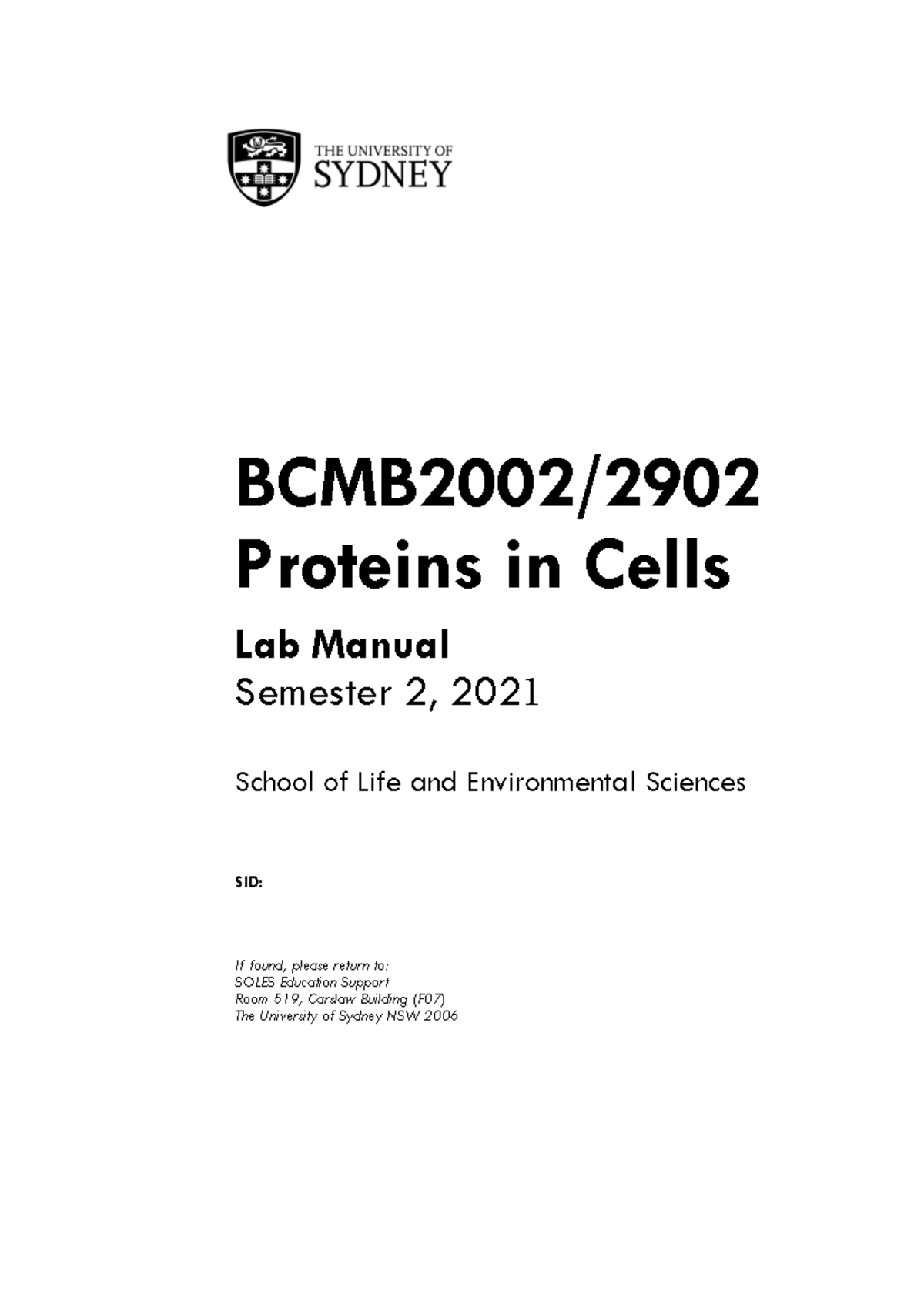 BCMB2002 Lab Manual 2021 BCMB2002/ Proteins in Cells Lab Manual Semester 2, 202 1 School of