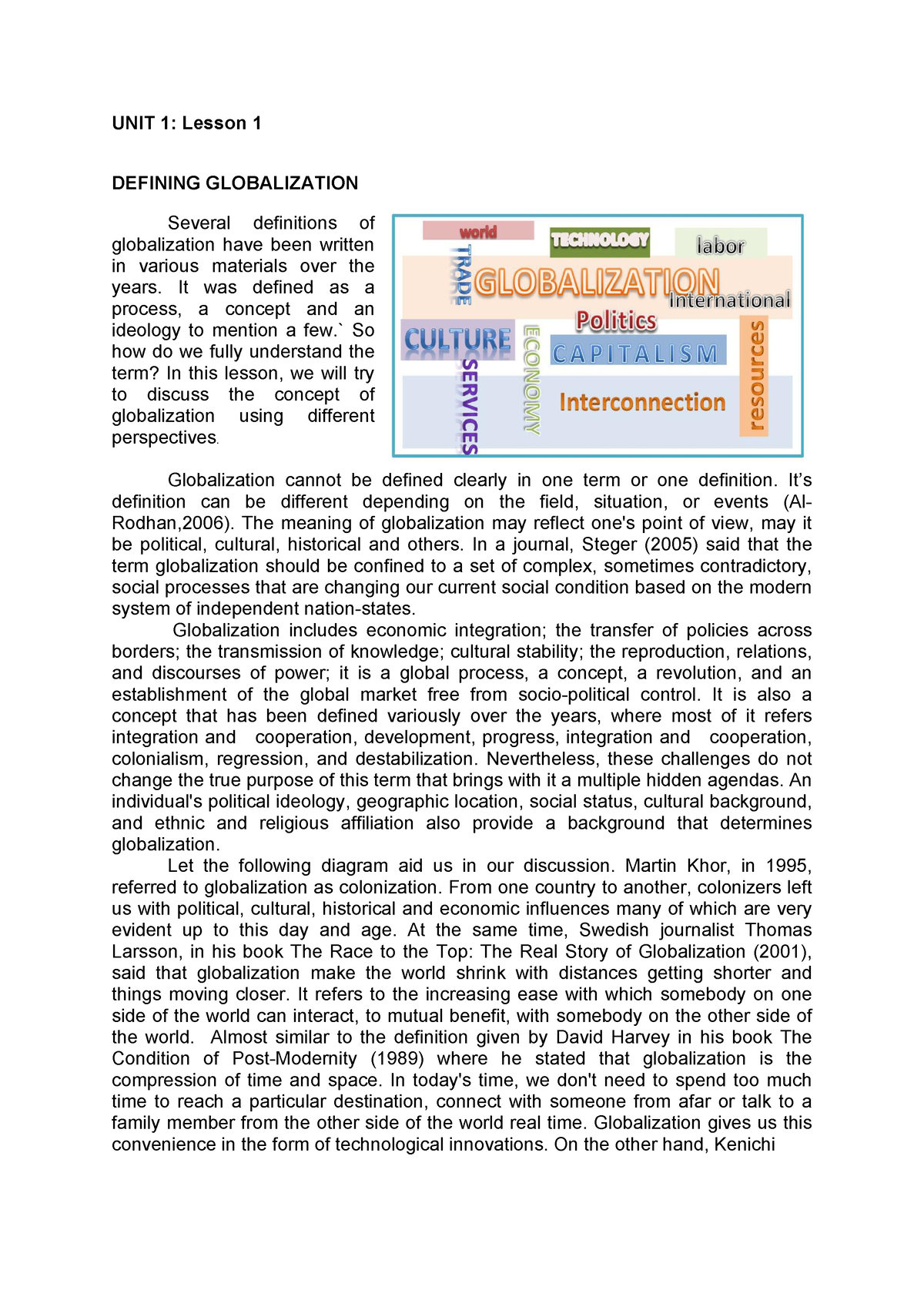 Readings 1 Definition Of Globalization - UNIT 1: Lesson 1 DEFINING ...