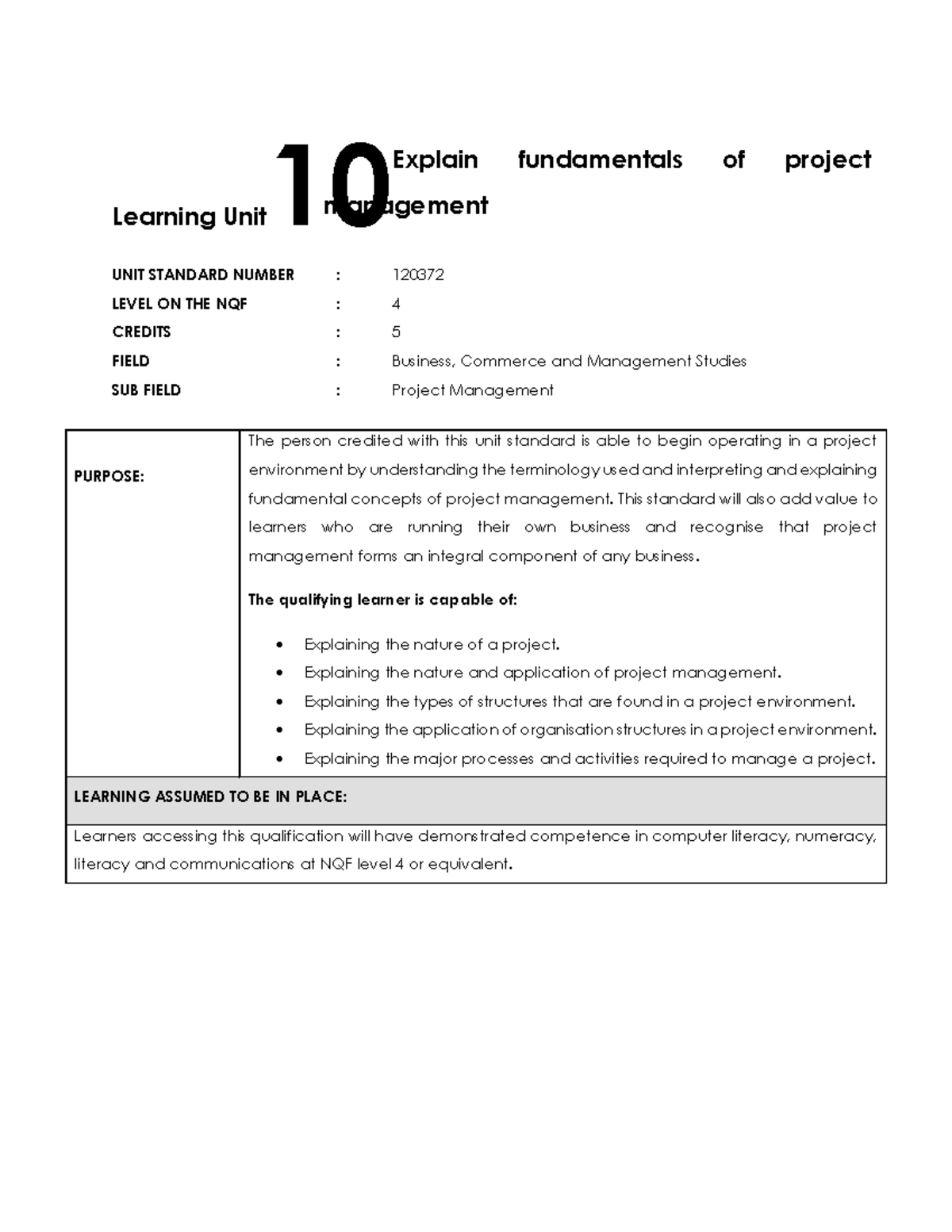 Explain fundamentals of project management - Learning Unit 10 UNIT ...