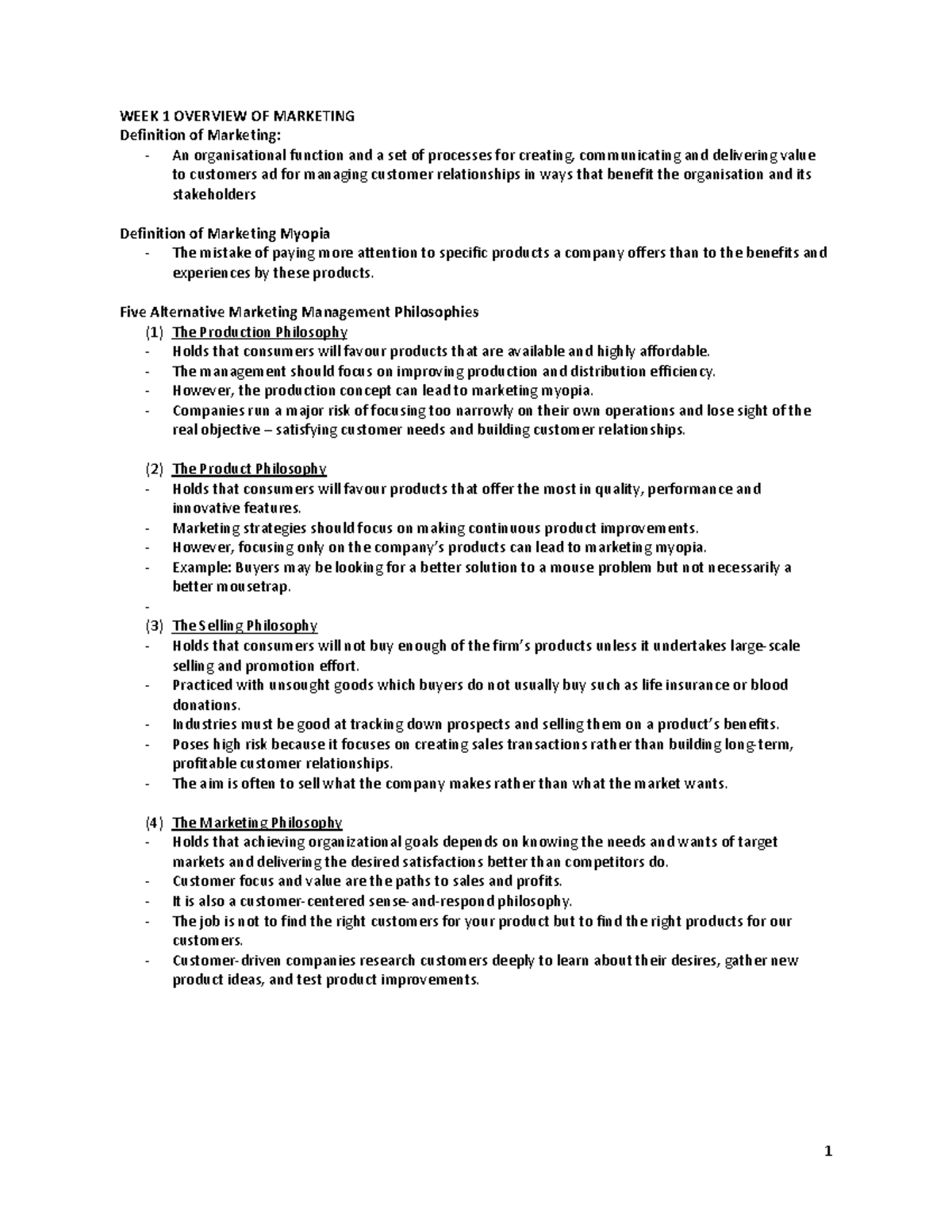 W1 notes - WEEK 1 OVERVIEW OF MARKETING Definition of Marketing: An ...