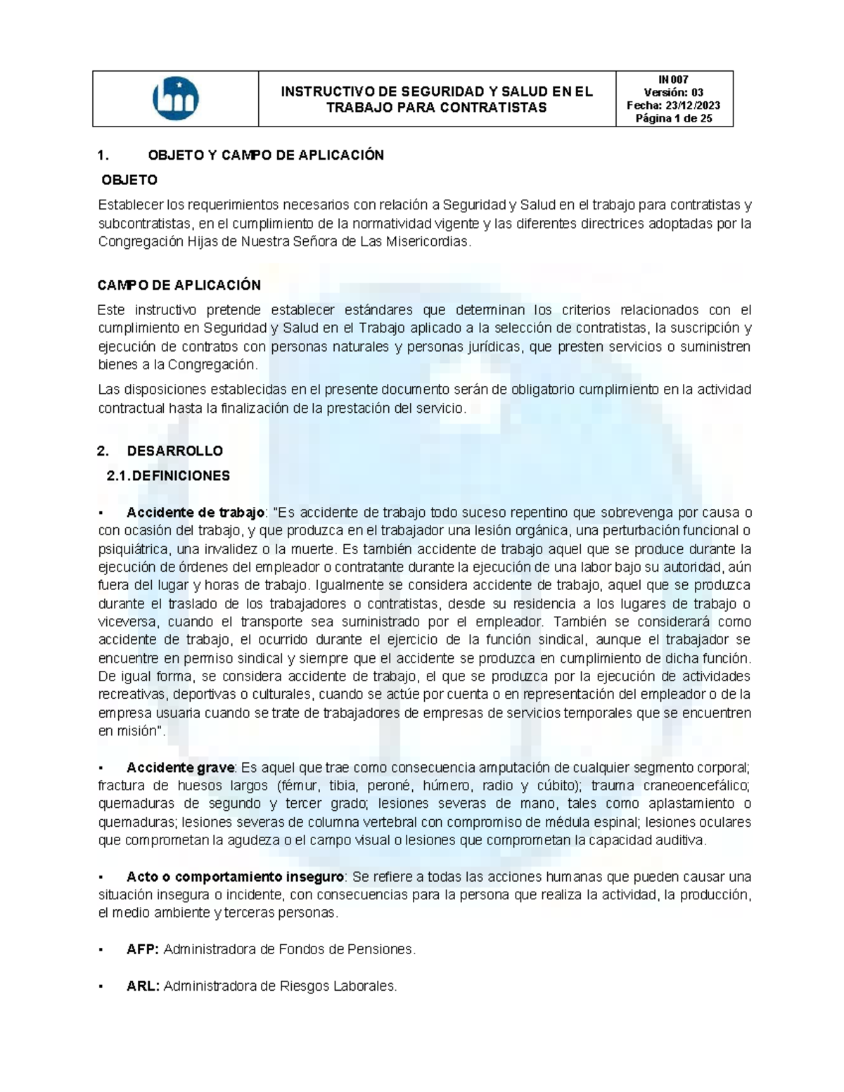 IN007 Instructivo de SST para contratistas - INSTRUCTIVO DE SEGURIDAD Y ...