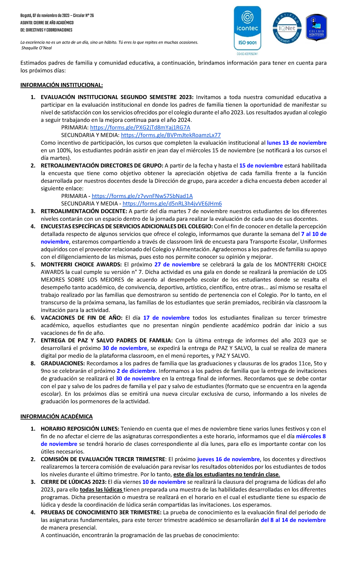 Circular Nº 26 - Cierre De Año Académico 2023 - Bogotá, 07 De Noviembre ...