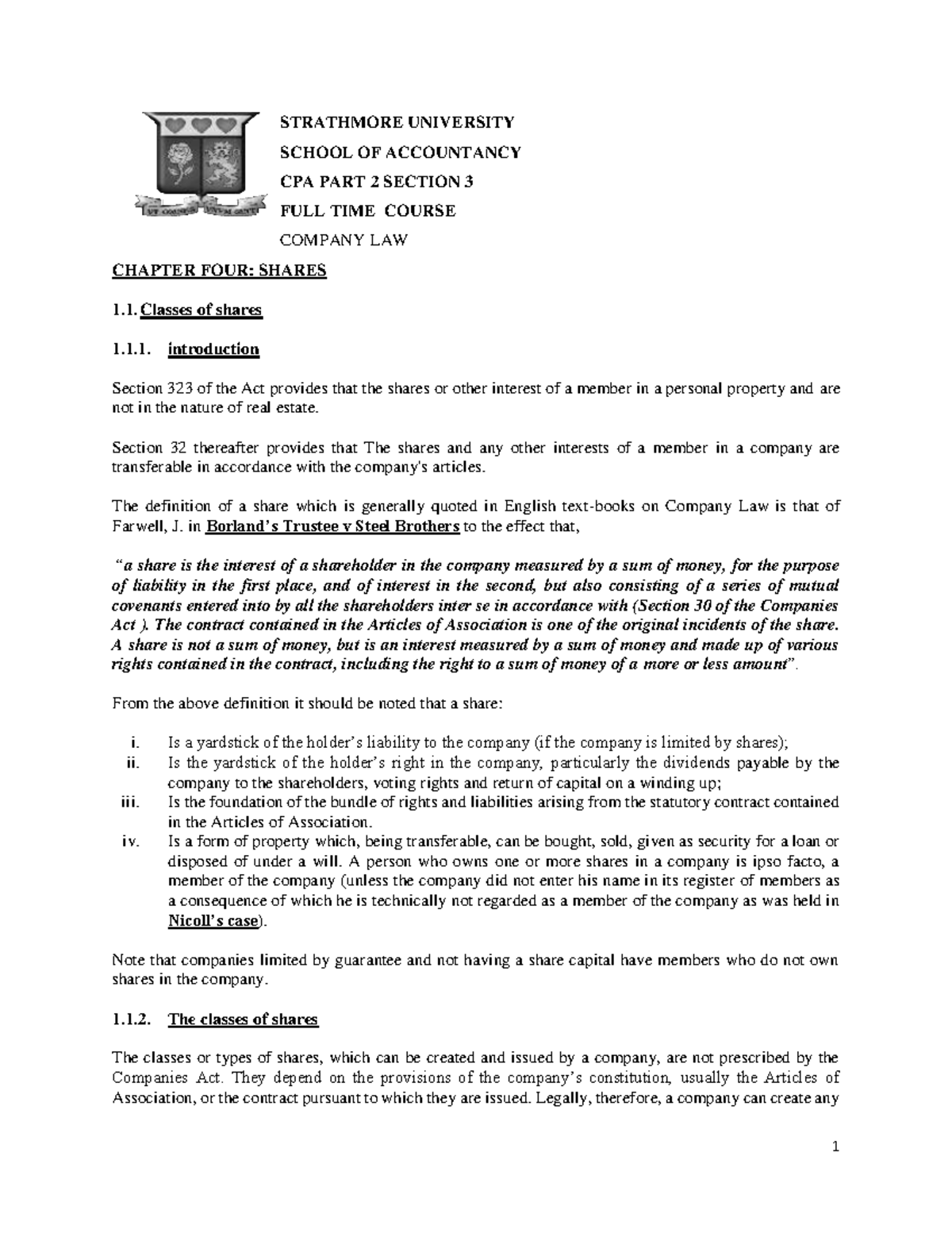 Chapter 4 - Shares - comprehensive - STRATHMORE UNIVERSITY SCHOOL OF ...