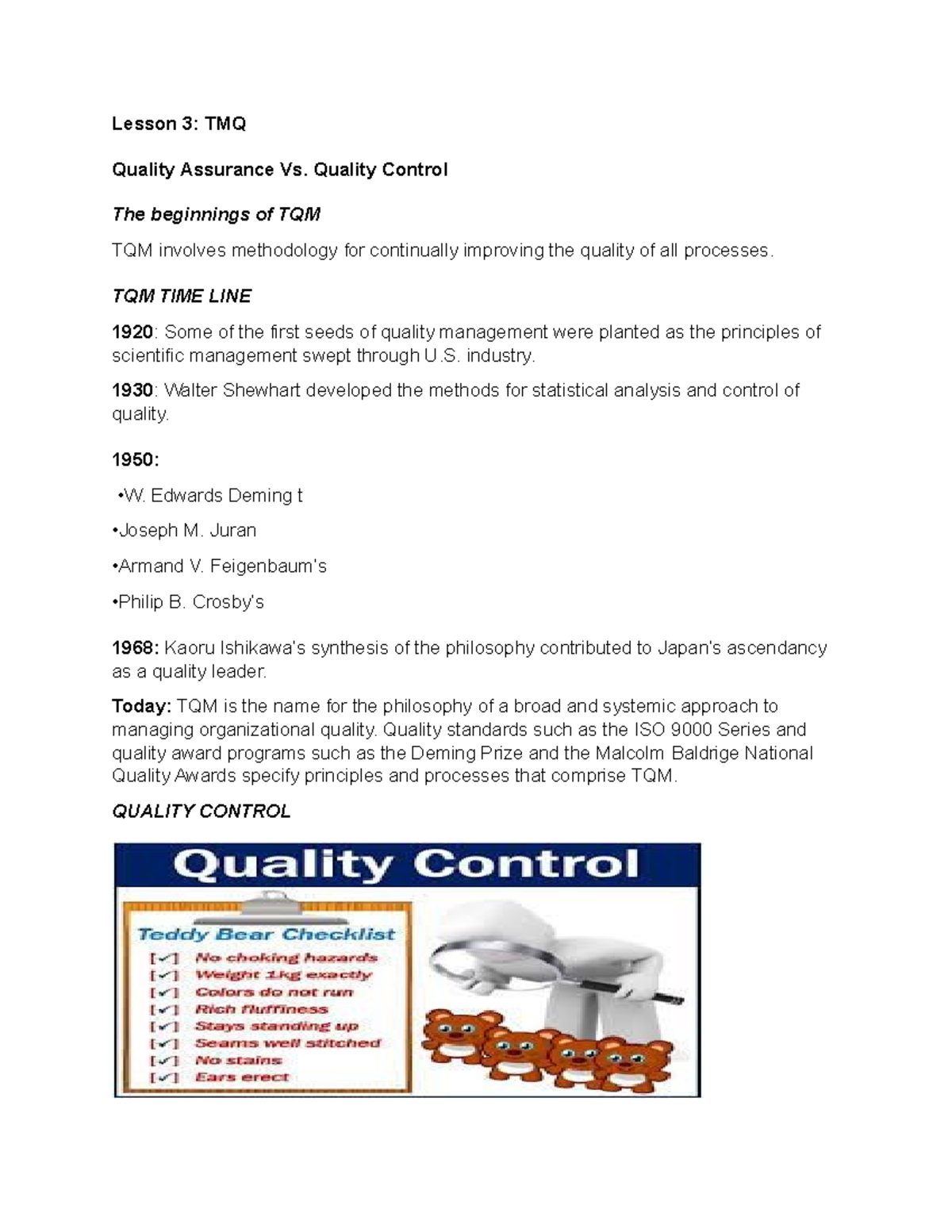 TQM Lesson 3 Quality Assurance Vs. Quality Control Lesson 3 TMQ