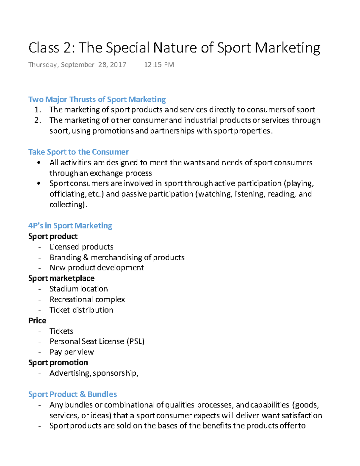 Class 2 The Special Nature of Sport Marketing Class 2 The Special