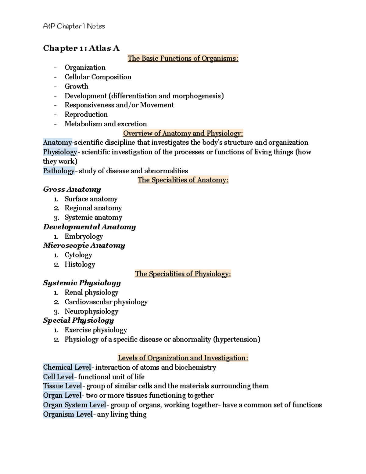 A&P Chapter 1 - Lecture notes 1 - Chapter 1: Atlas A The Basic ...