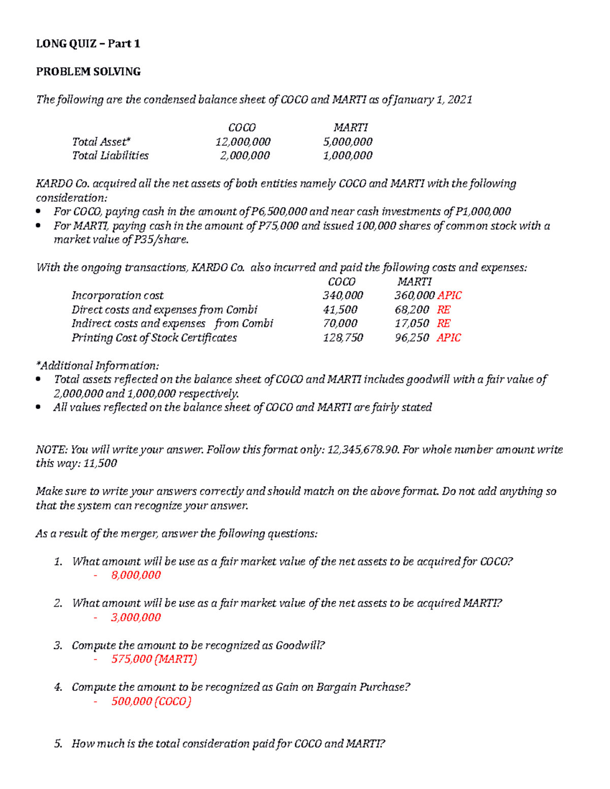 ABC Acquired 2 Companies - LONG QUIZ – Part 1 PROBLEM SOLVING The ...