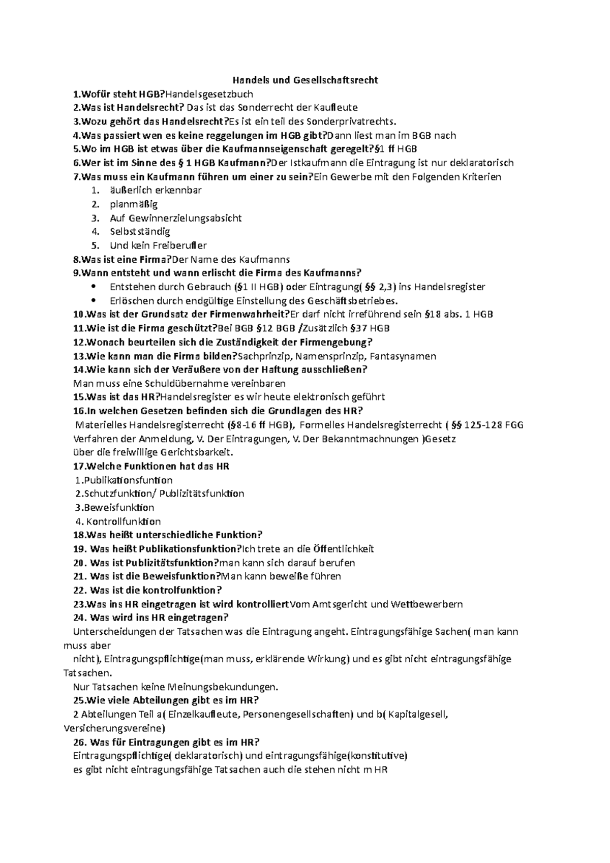 HR-Fragen 2 - Handelsrecht/Arbeitsrecht - BBW 204 - HS Nierderrhein