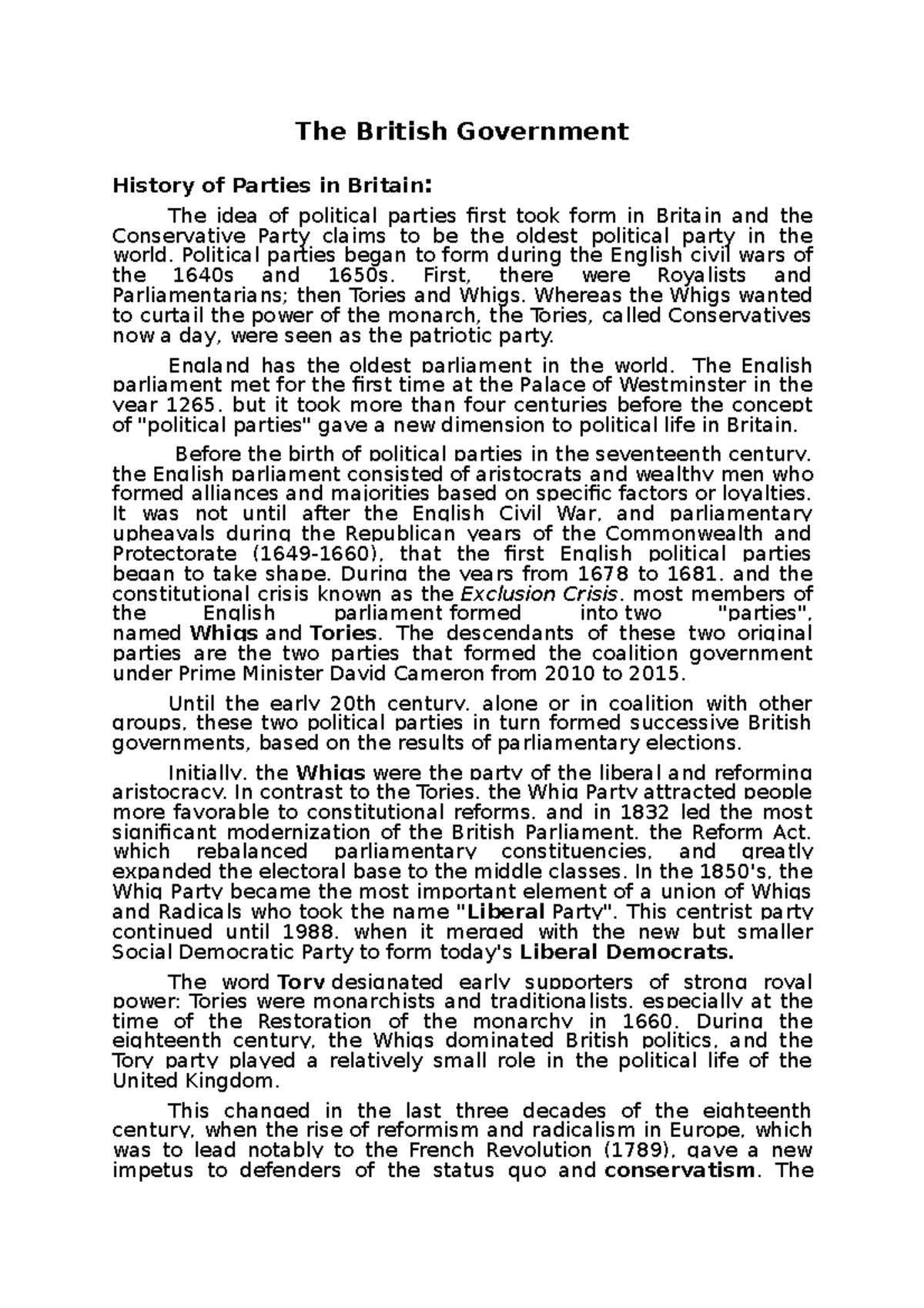 Lecture Notes F15 QAU The British Government The British Government