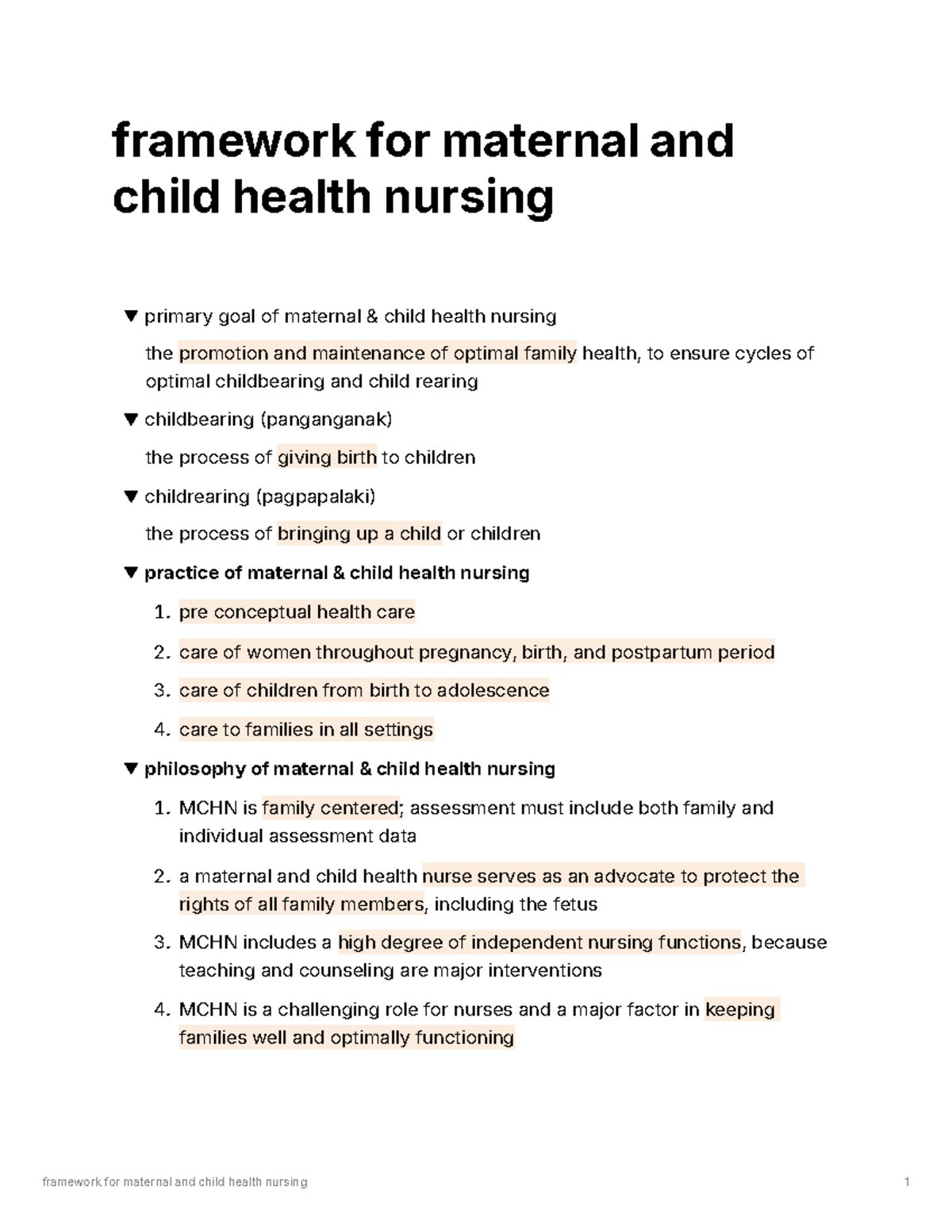 Framework for maternal and child health nursing - Studocu