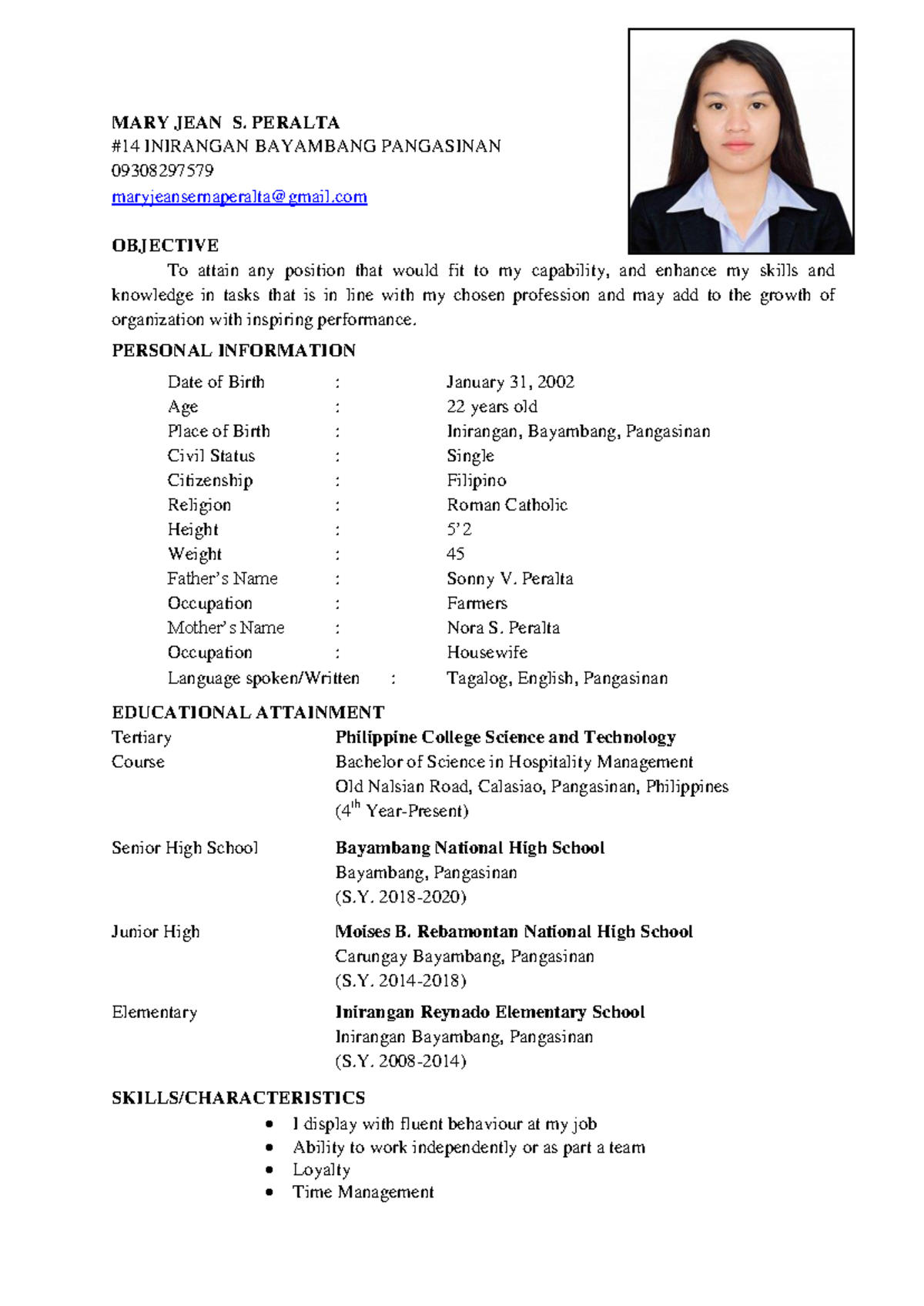 Resume-maaryjean-2024 - MARY JEAN S. PERALTA #14 INIRANGAN BAYAMBANG ...