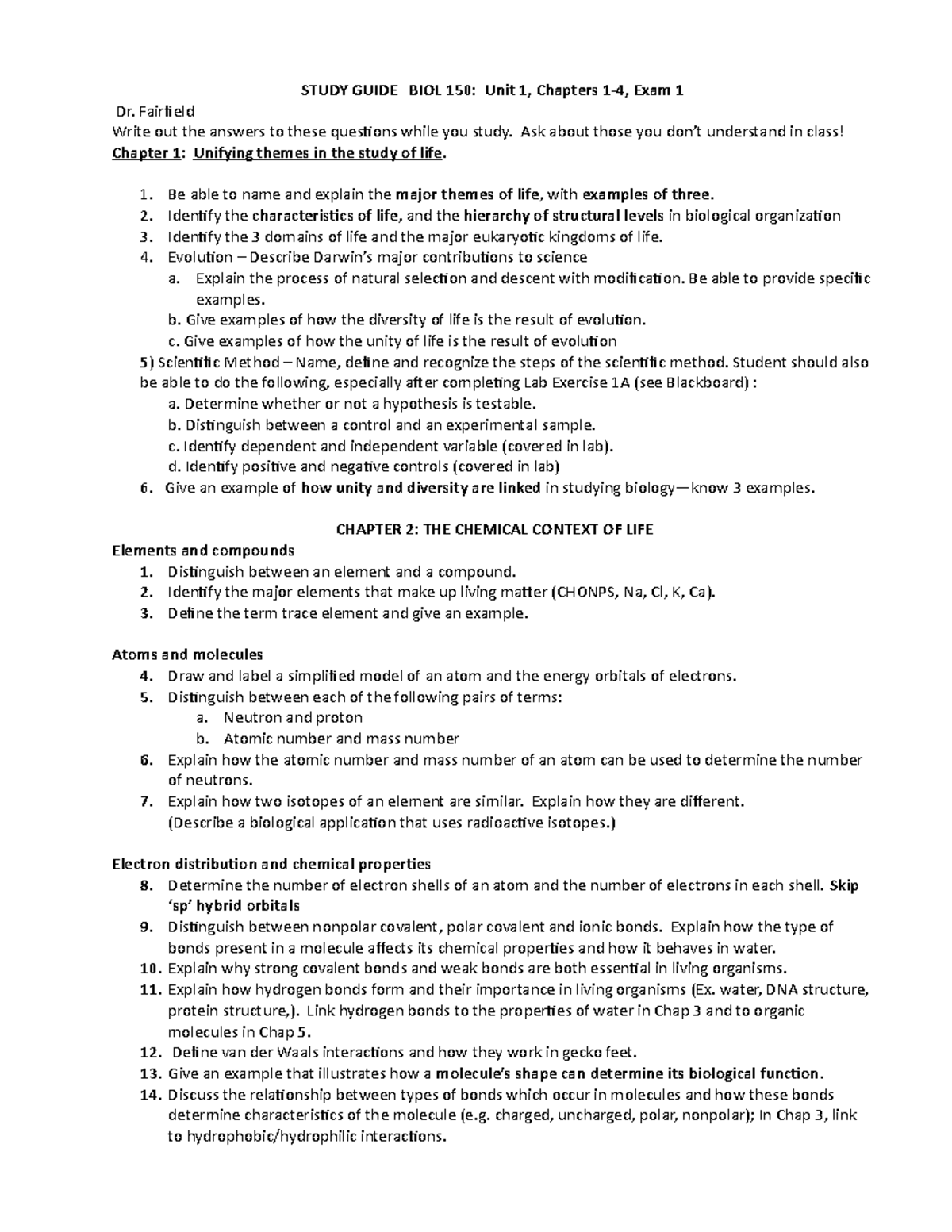 Study Guide Unit 1 - STUDY GUIDE BIOL 150: Unit 1, Chapters Exam 1 Dr ...