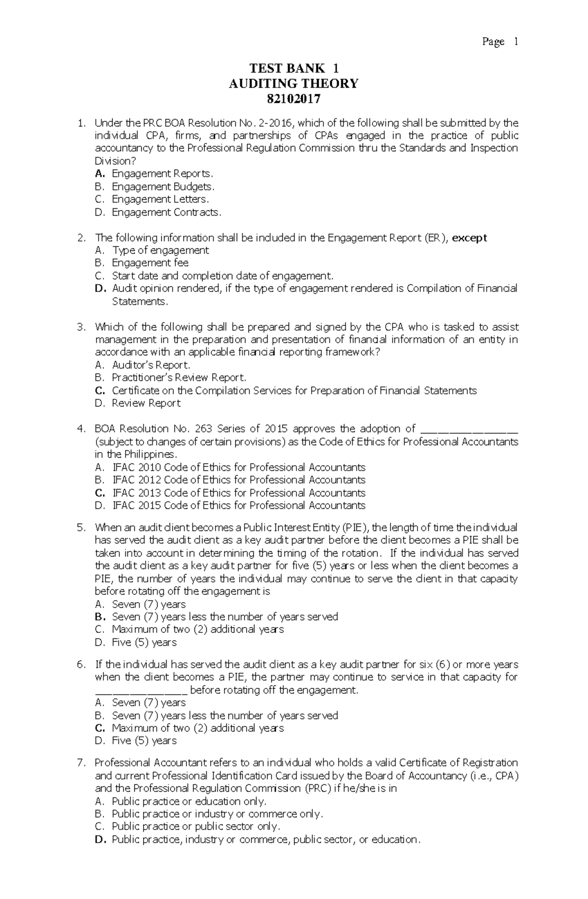 Auditing Theory 100 Questions - TEST BANK 1 AUDITING THEORY 82102017 ...