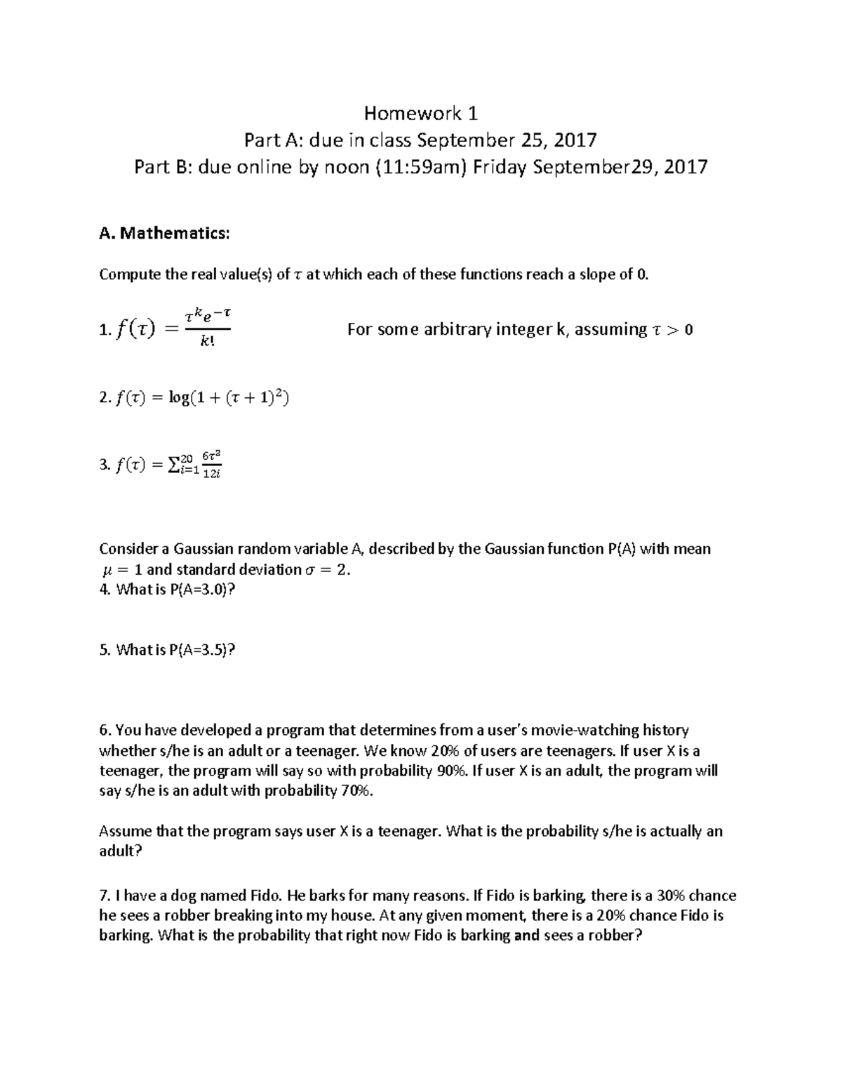 Homework 1 Machine Learning Homework 1 Part A Due In Class September Homework 1 Machine Learning Homework 1 Part A Due In Class September
