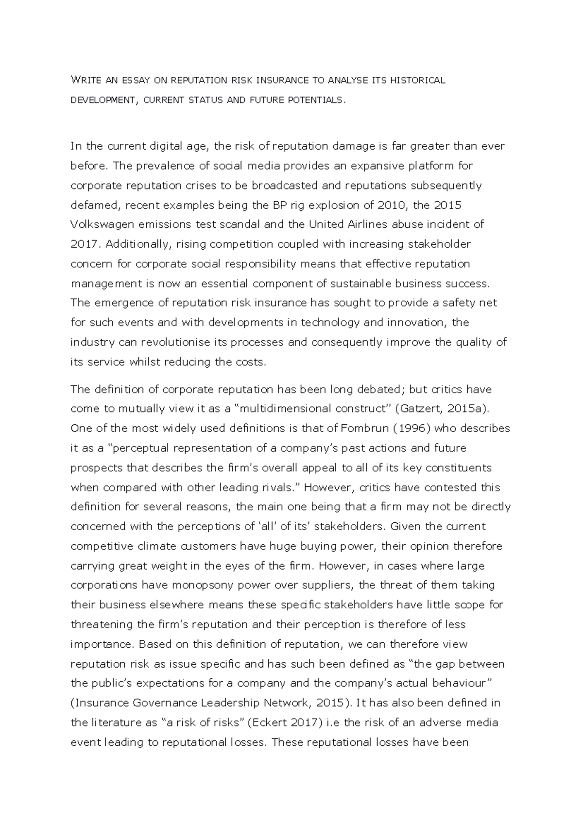 Insurance - Coursework for - WRITE AN ESSAY ON REPUTATION RISK ...