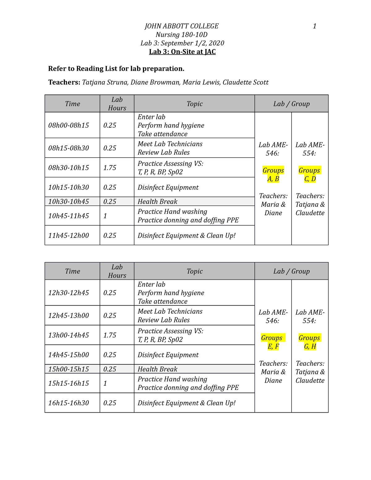 2020 Lab 3 Schedule sections 1 and 2 student JOHN ABBOTT COLLEGE