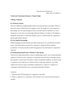 VC summary week2 - Vowels and Consonants - Introduction to Phonetics II ...