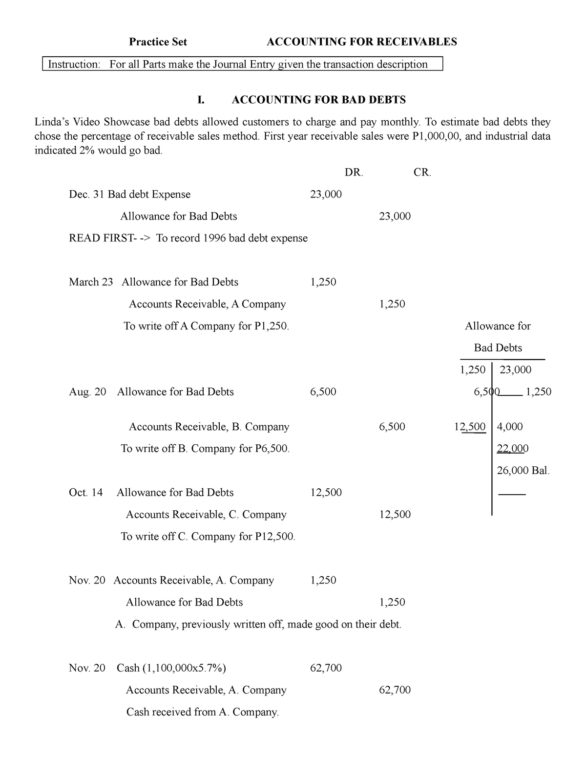 Practice Problem Set 2-5 - Practice Set ACCOUNTING FOR RECEIVABLES ...