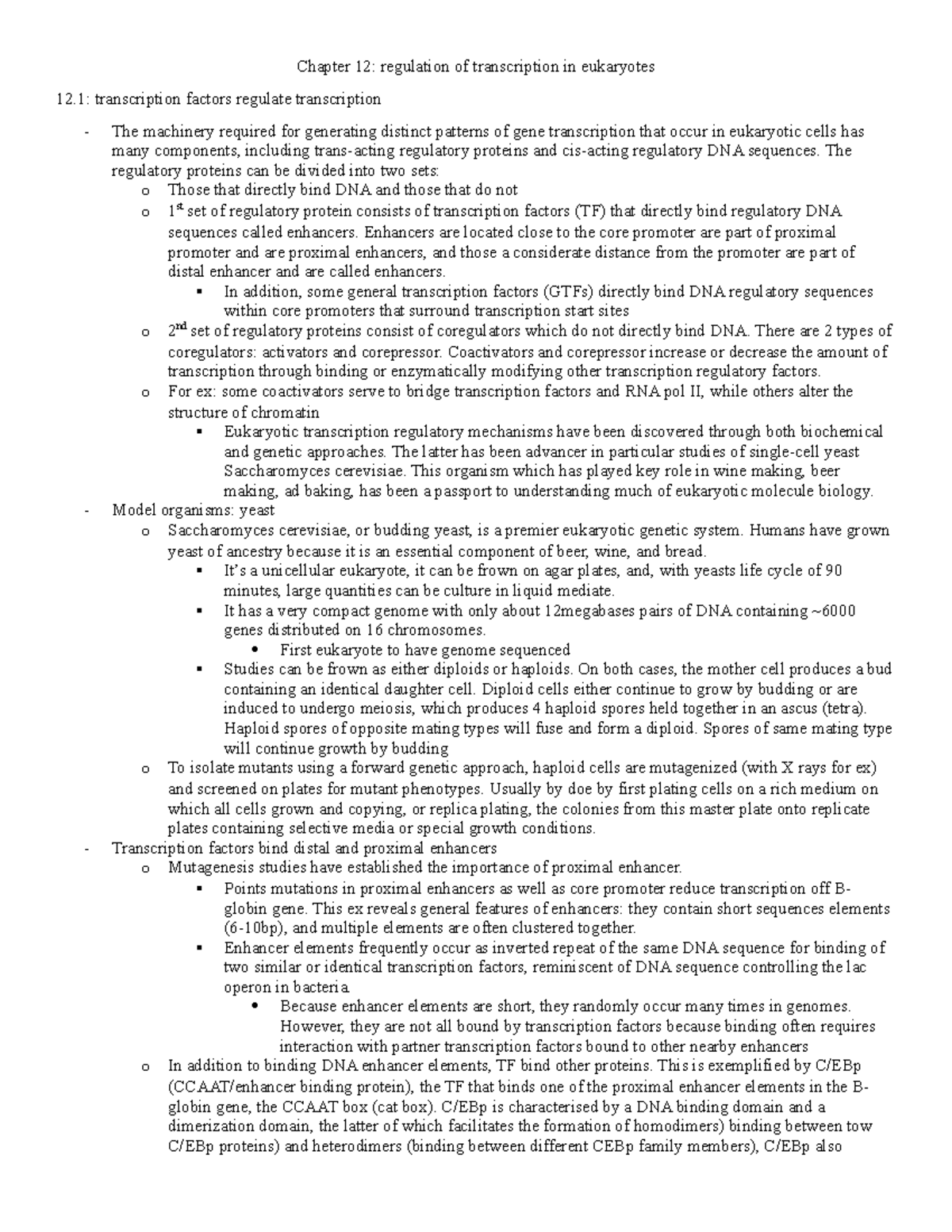 Chapter 12 notes - Chapter 12: regulation of transcription in ...