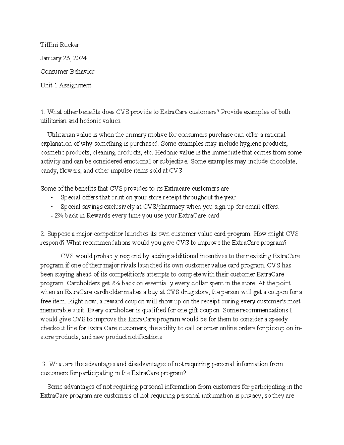 Consumer Behavior - Assignment 1 - Tiffini Rucker January 26, 2024 ...