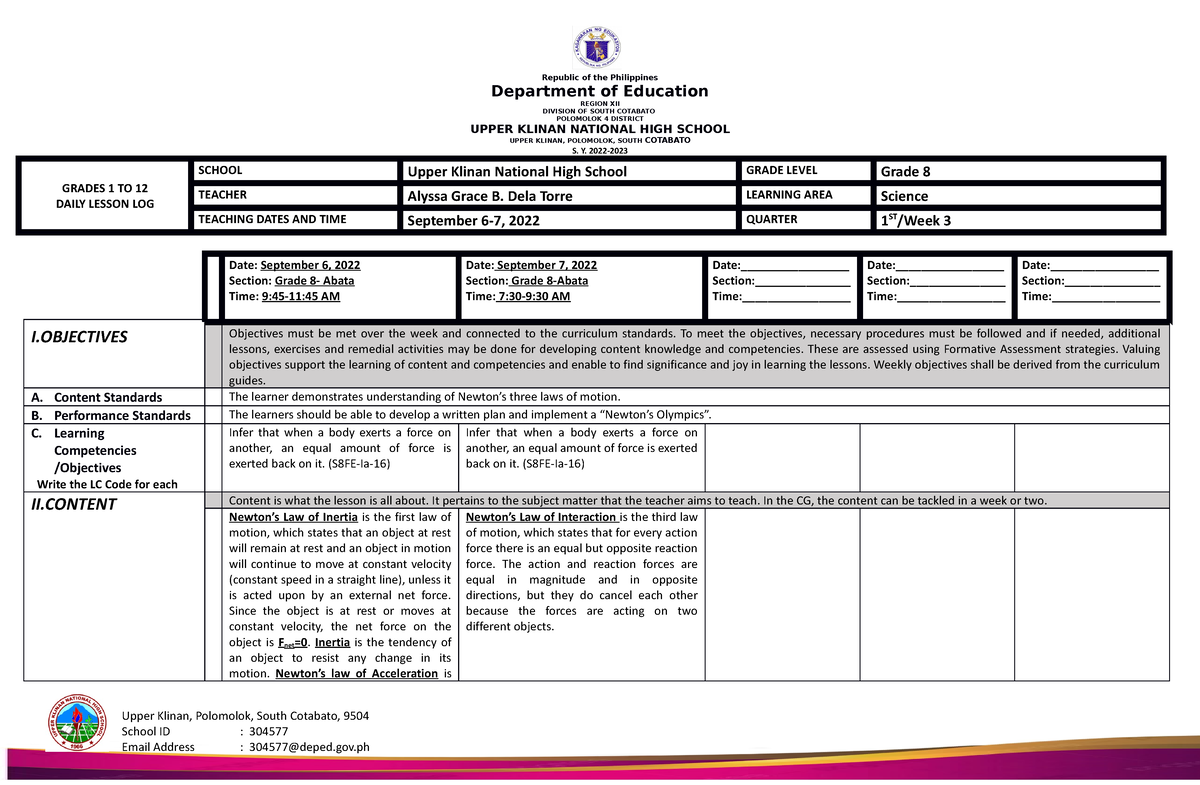 Science 8- DLL-WEEK 3 - DLL that can be used in classes by the teachers ...