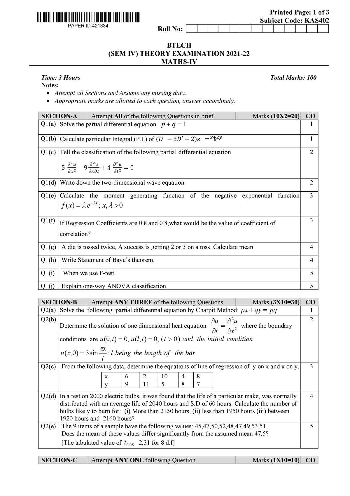 Btech As 4 Sem Maths 4 Kas402 2022 - Printed Page: 1 Of 3 Subject Code ...