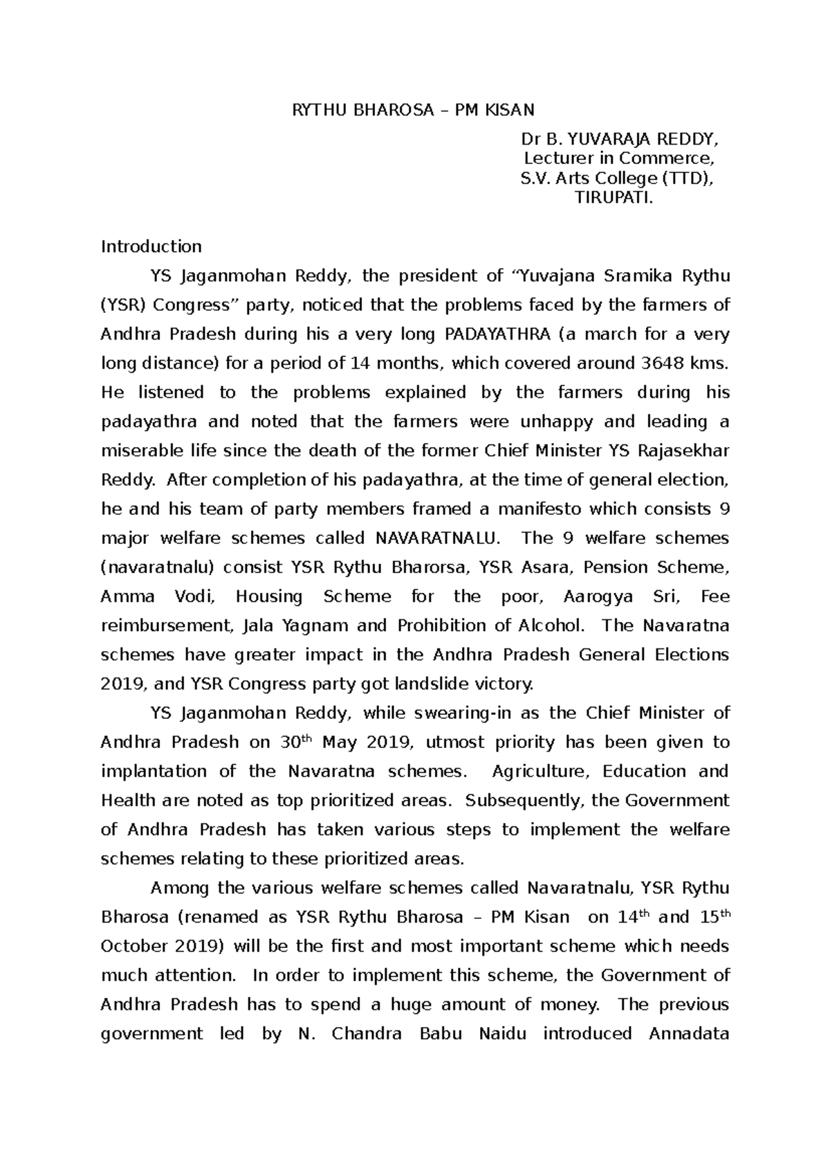 Rythu Bharosa - ssss - RYTHU BHAROSA – PM KISAN Dr B. YUVARAJA REDDY ...
