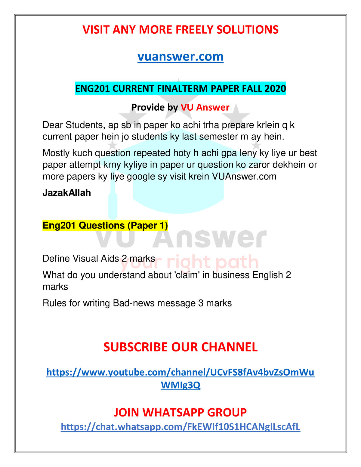 ENG201 Current 2020 Final Paper By VU Answer - Vuanswer SUBSCRIBE OUR ...