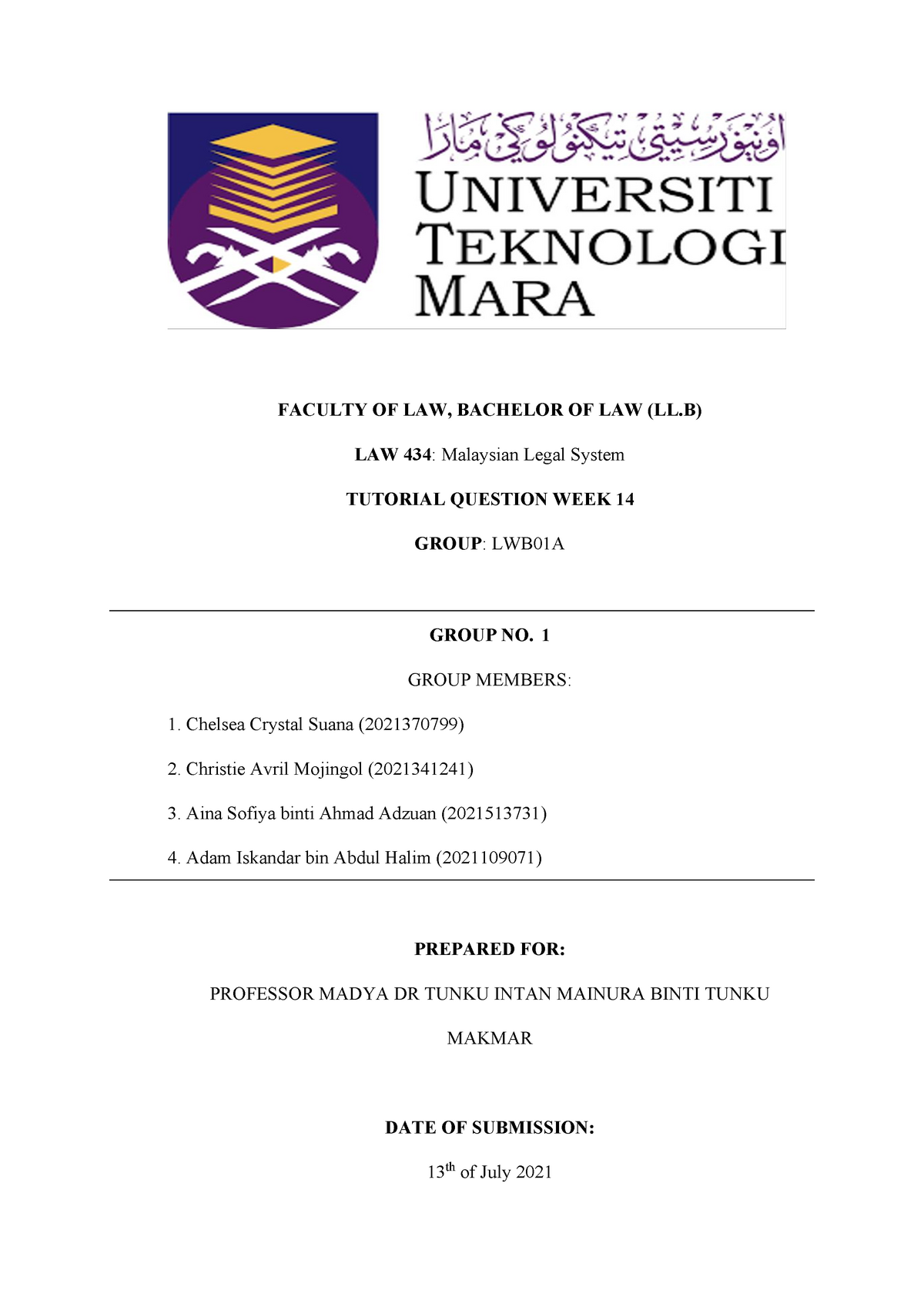 Group 1 LAW434 Tutorial WEEK 14 - FACULTY OF LAW, BACHELOR OF LAW (LL ...