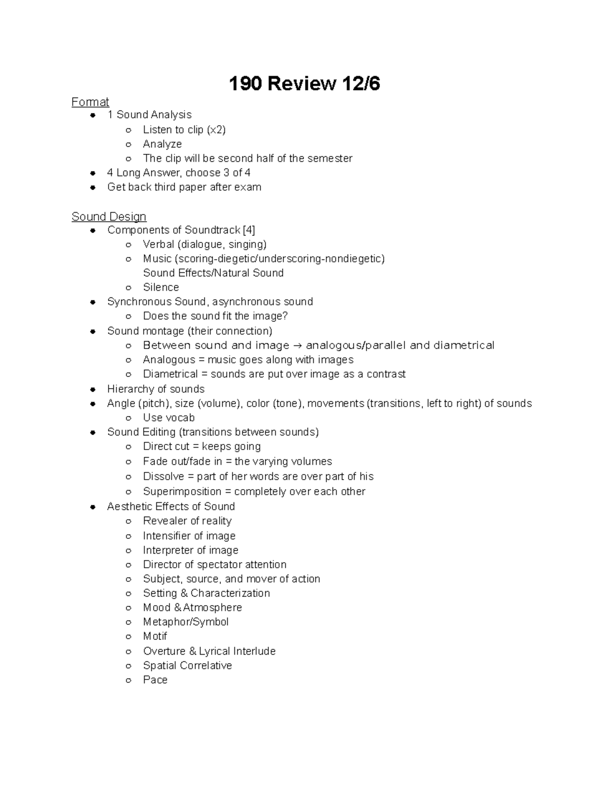 190 Finals Review Session - 190 Review 12/6 Format 1 Sound Analysis ...