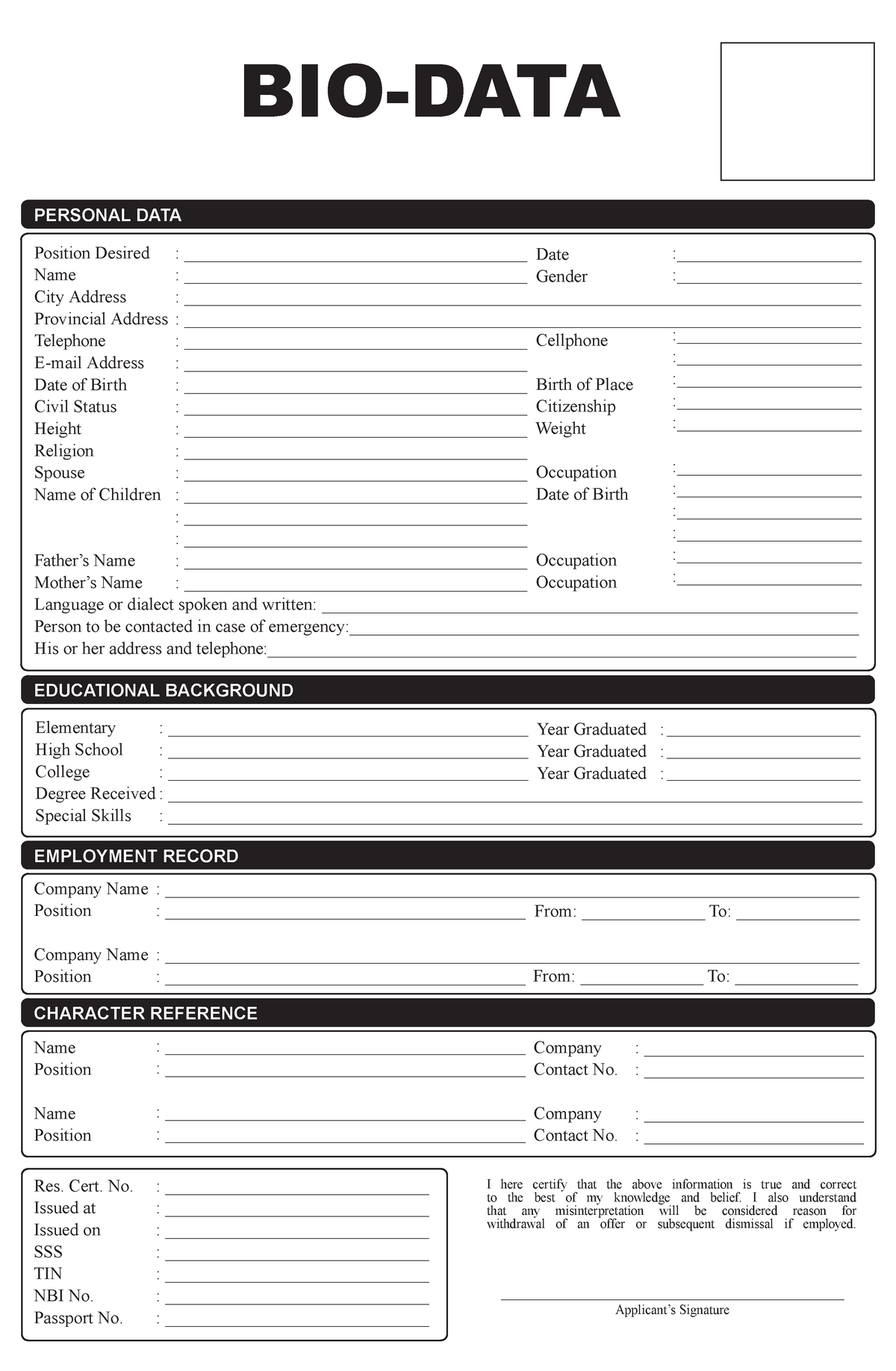 Biodata Position Desired Name City Address Provincial Address 