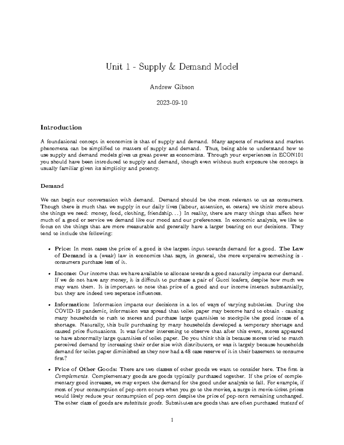 Unit 1 - Supply Demand Model - Unit 1 - Supply & Demand Model Andrew ...