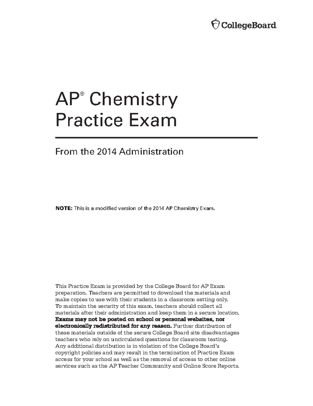 AP Chemistry 2014 Practice Exam - AP ® Chemistry Practice Exam From the ...