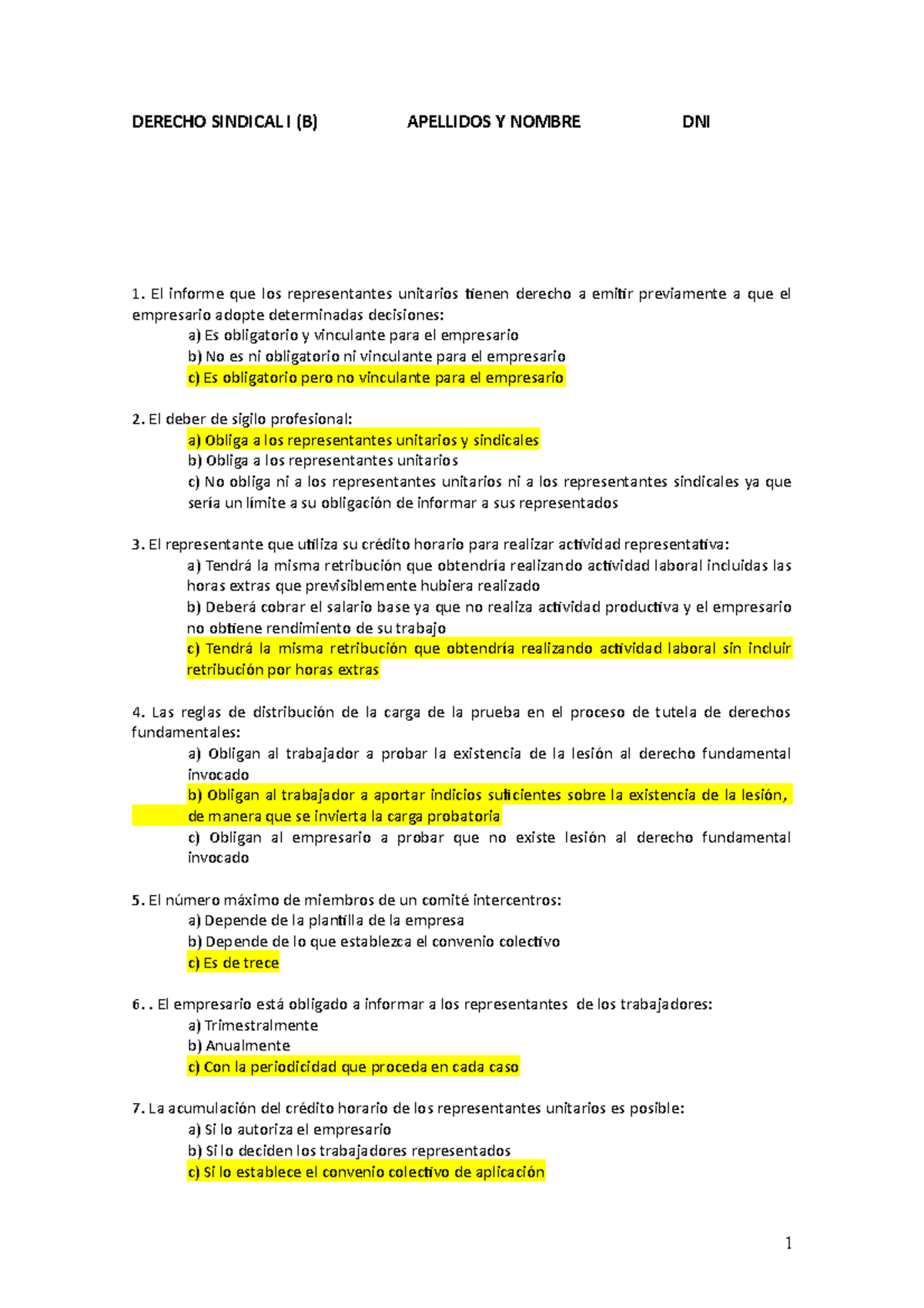 9 - Examen 2b 14-15 - Apunts 1-5 - DERECHO SINDICAL I (B) APELLIDOS Y ...