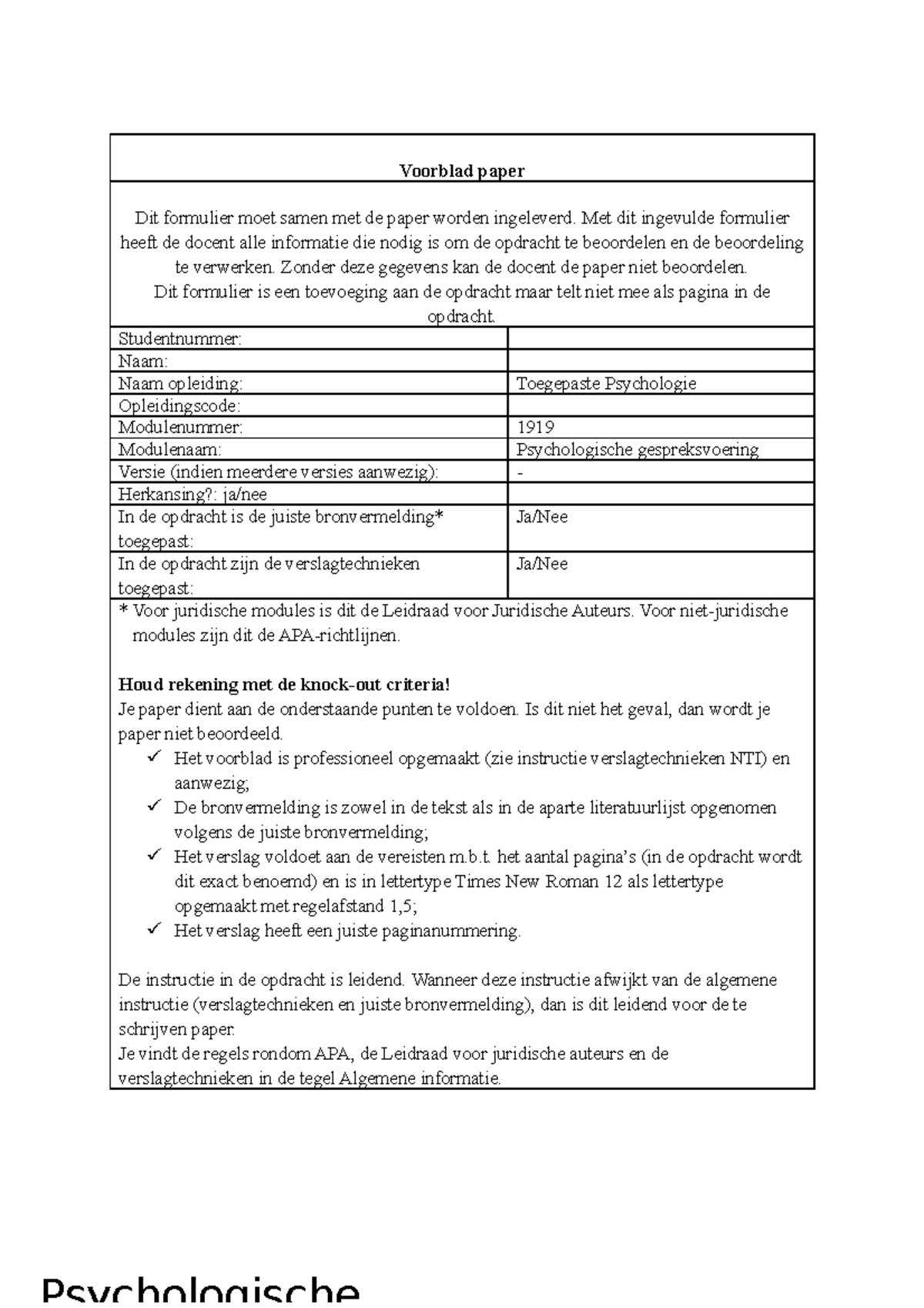 Paper Psychologische Gespreksvoering - Voorblad Paper Dit Formulier ...