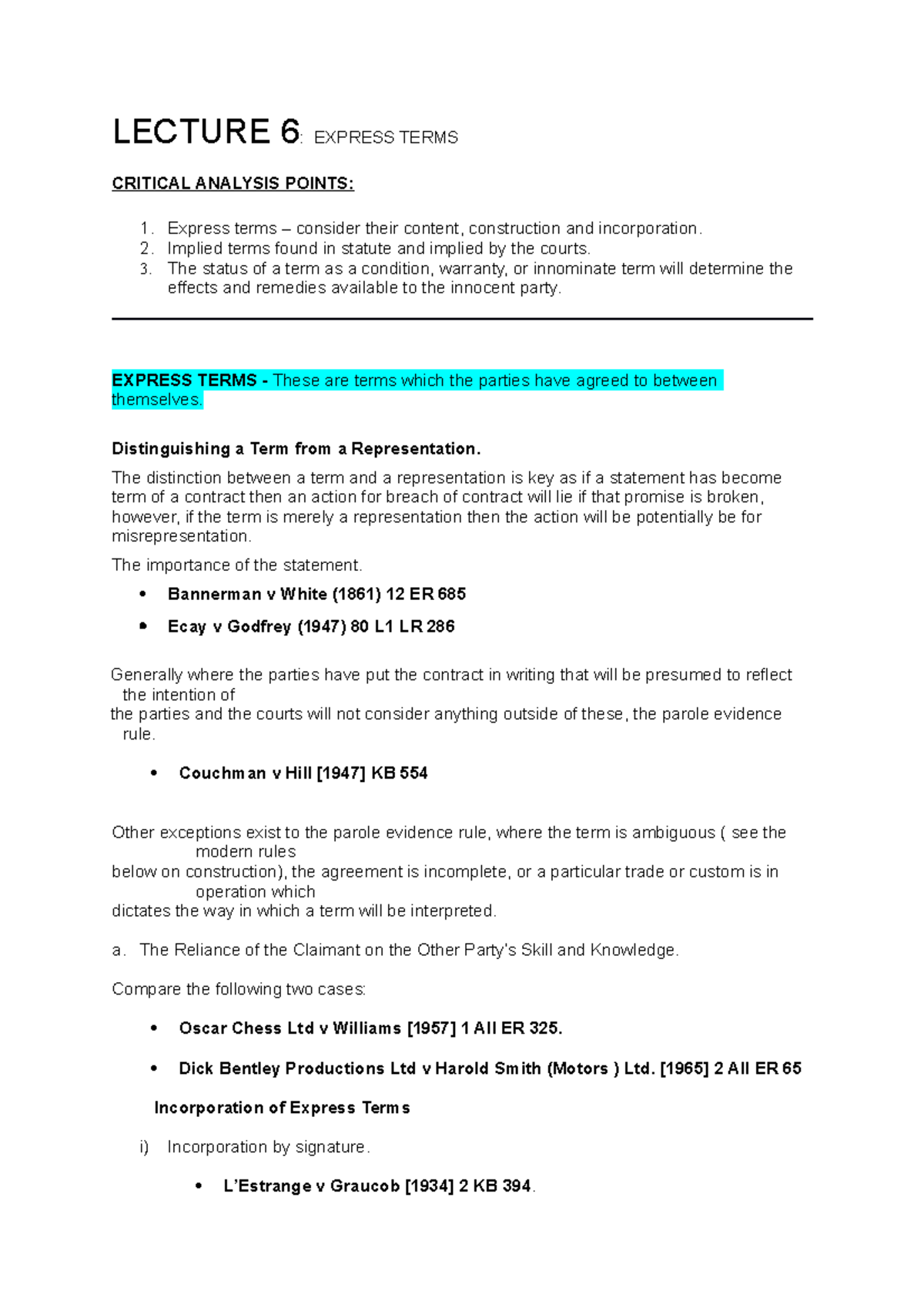 Lecture 6 - LECTURE 6: EXPRESS TERMS CRITICAL ANALYSIS POINTS: 1 ...