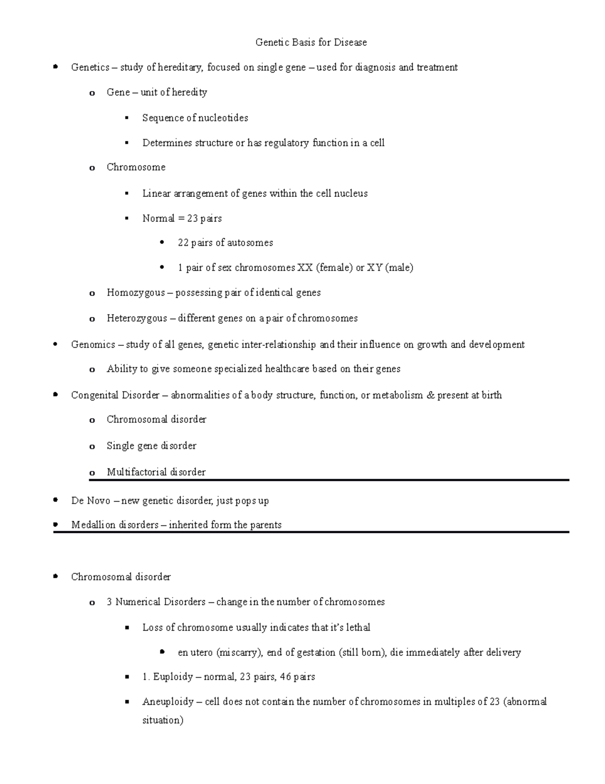 Genetics - Class: Introduction to Pathophysiology Course Code: NURS 323 ...