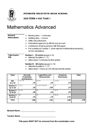 2023-24 HSC Advanced Task 1 - Mathematics Advanced Assessment Task 1 ...