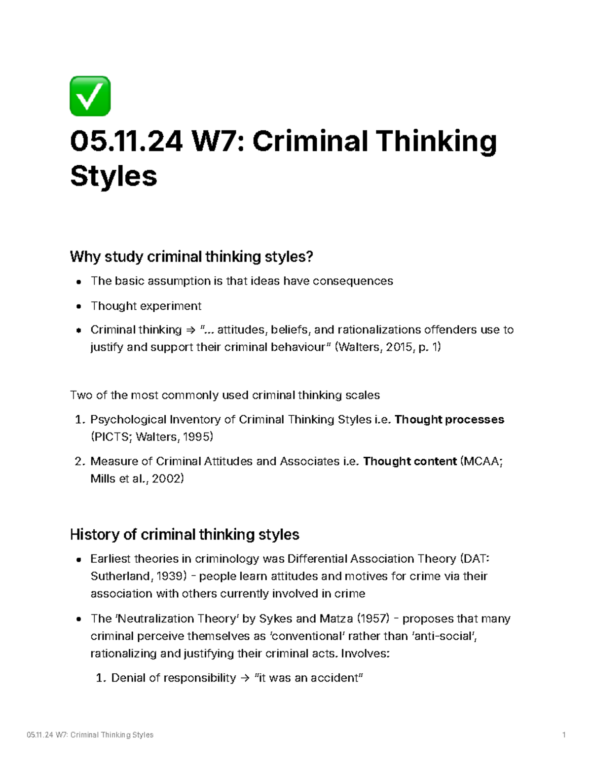 PS349 Criminal Thinking - 05.11 W7: Criminal Thinking Styles Why study ...