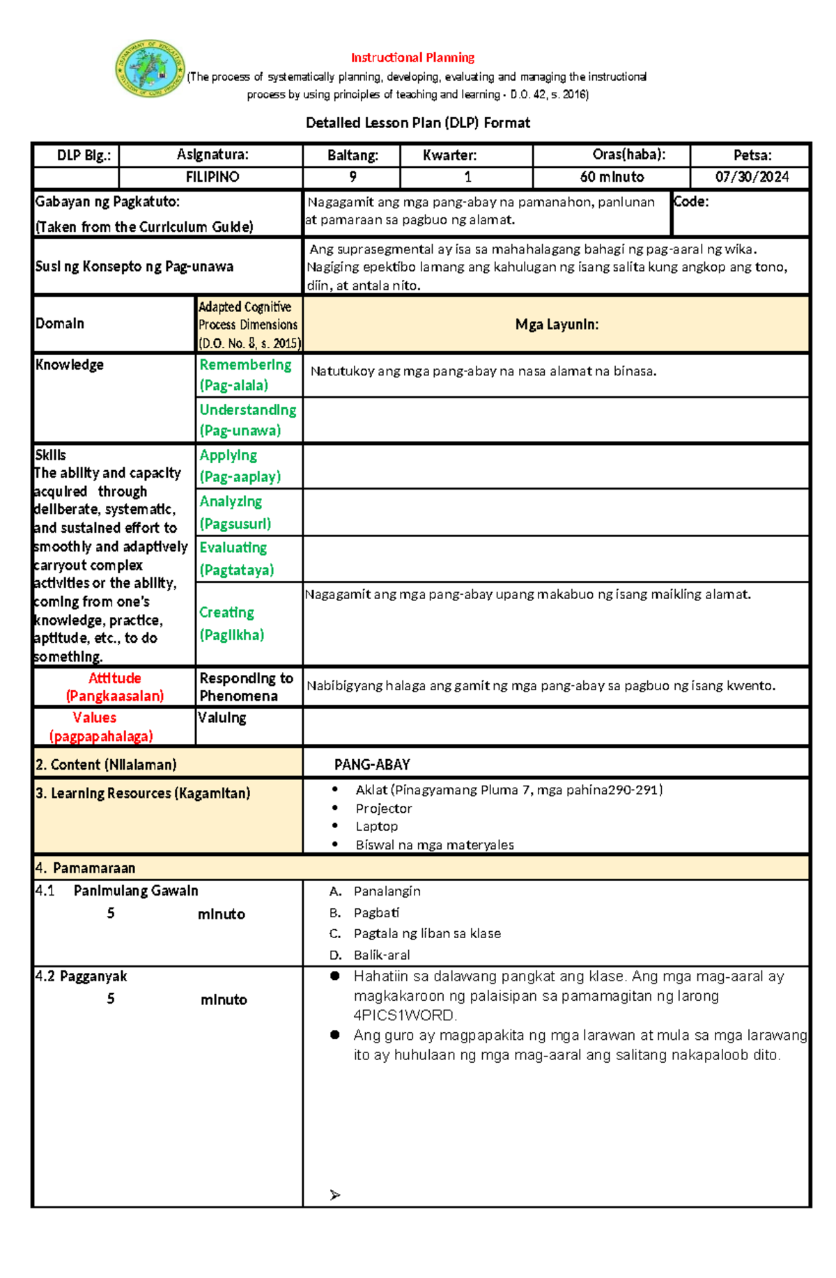 Dlp Co Pang Abay Lesson Plan In Filipino 9 3rd Quarter Detailed Lesson Plan Dlp Format 8383