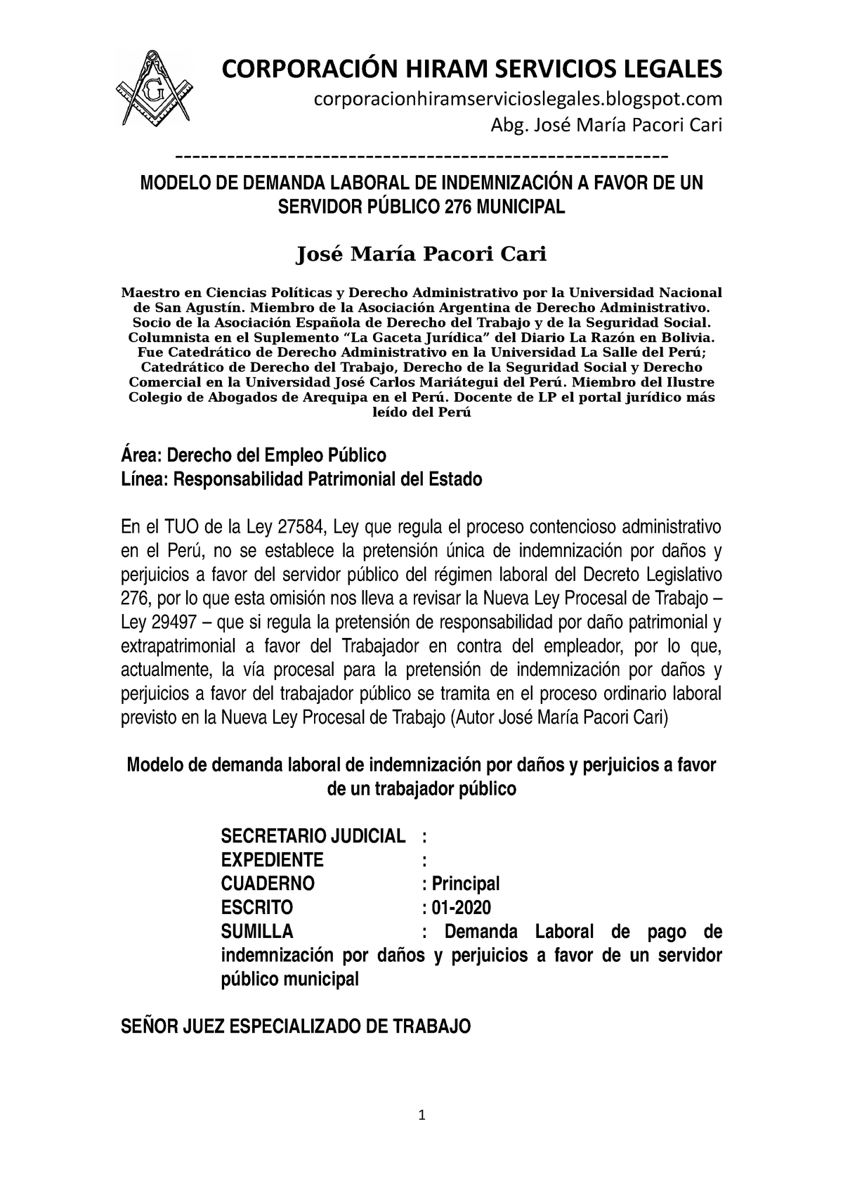 Modelo Demanda DE Indemnización A Favor DE Servidor Público 276 Municipal -  Autor JOSÉ María Pacori - Studocu