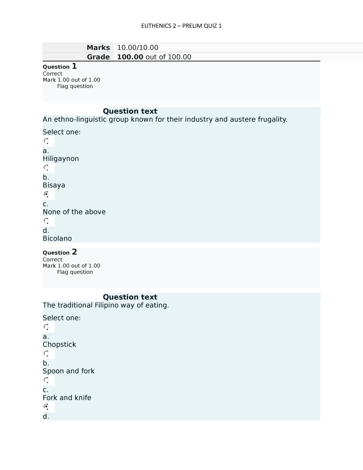 Euthenics 2 - Prelim Quiz 1 - Marks 10/10. Grade 100 Out Of 100 ...