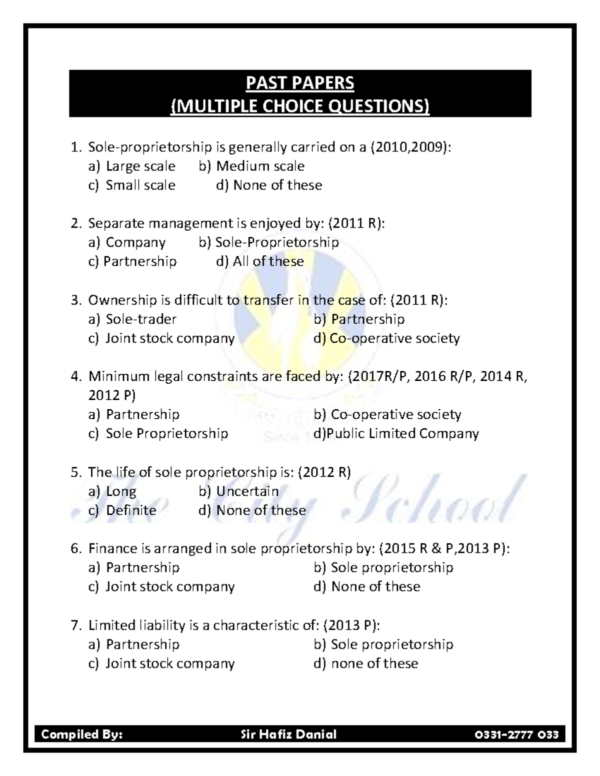 SOLE Proprietorship MCQs PAST PAPERS (MULTIPLE CHOICE QUESTIONS) Sole