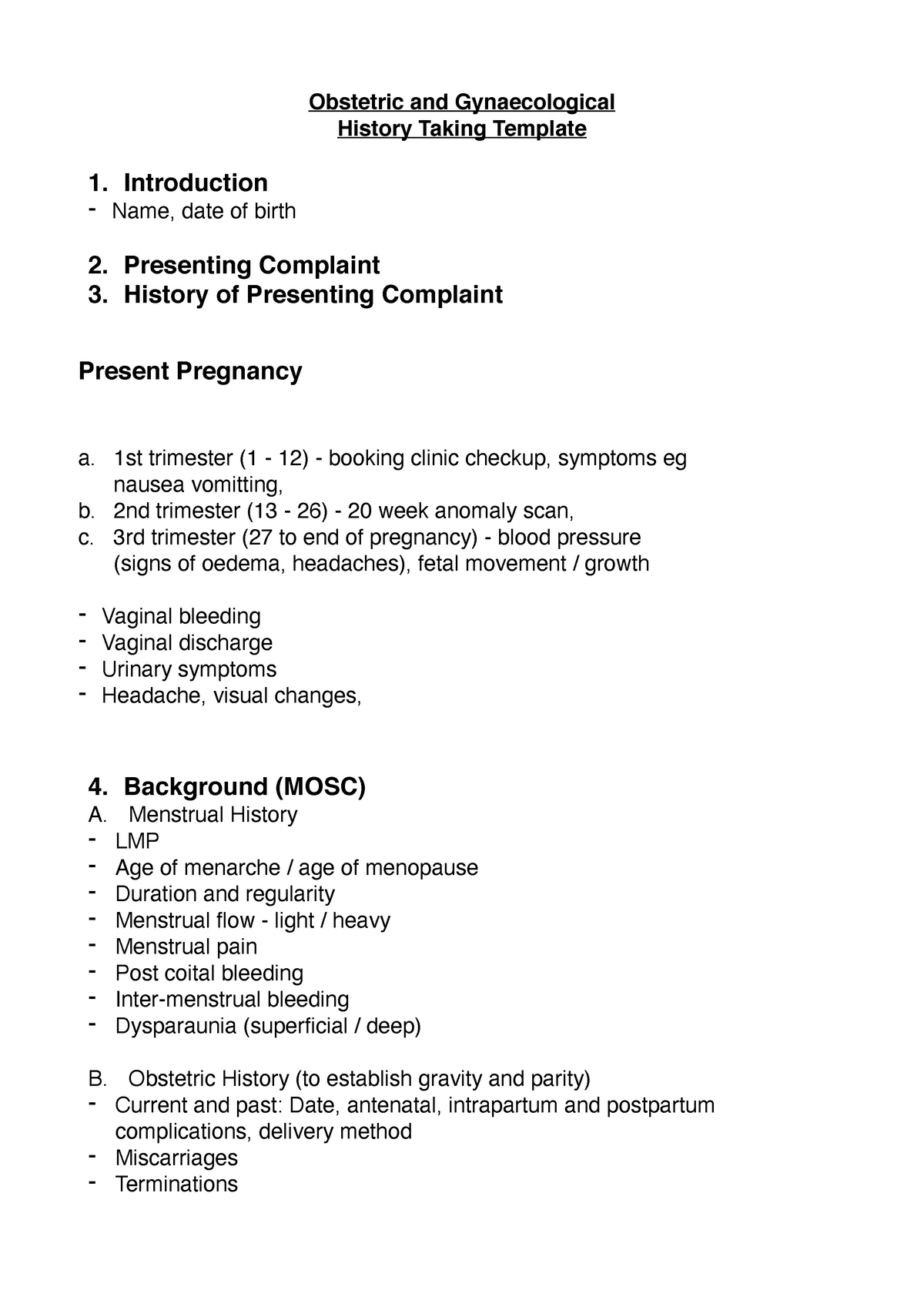 Obstetrics and Gynaecology Hx Taking Notes Obstetric and
