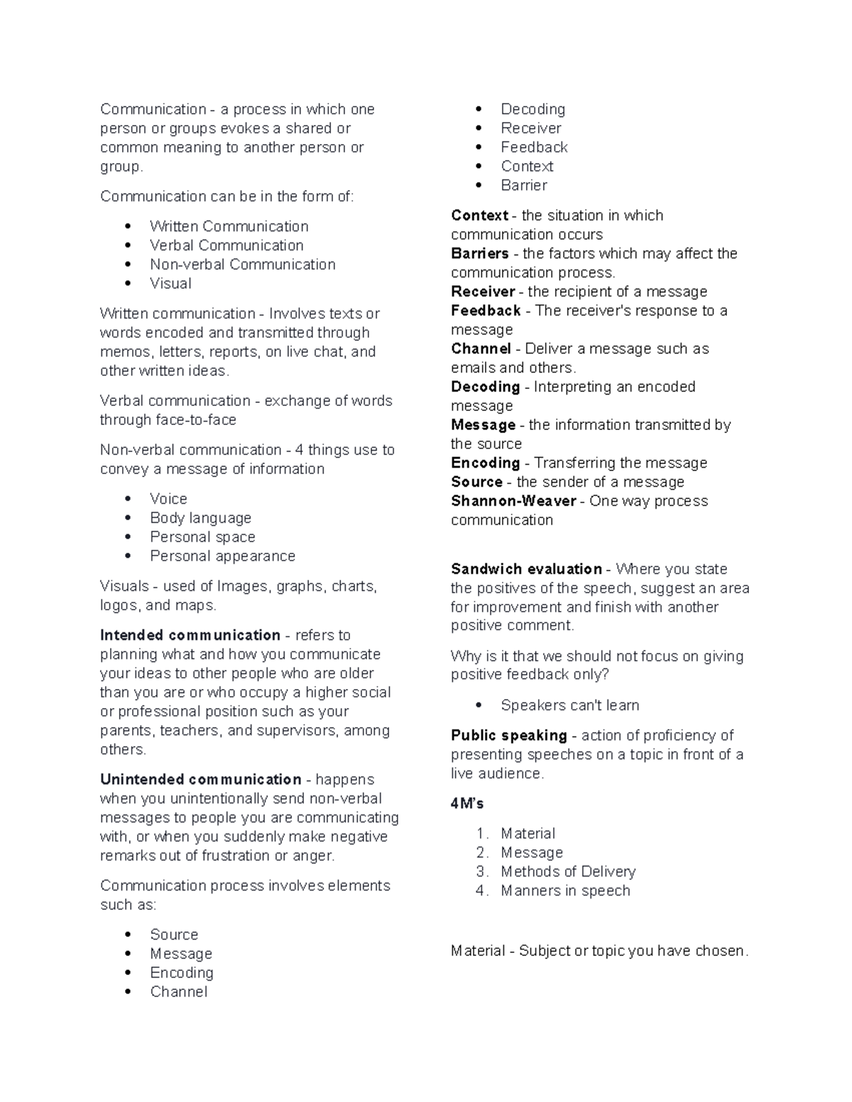 Communication - Notes - Communication - a process in which one person ...