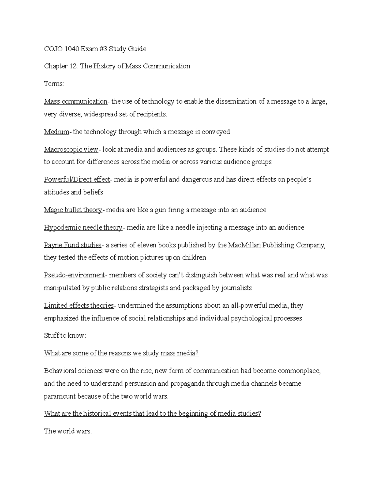 Communication Theories Study Guide 3 - COJO 1040 Exam #3 Study Guide ...