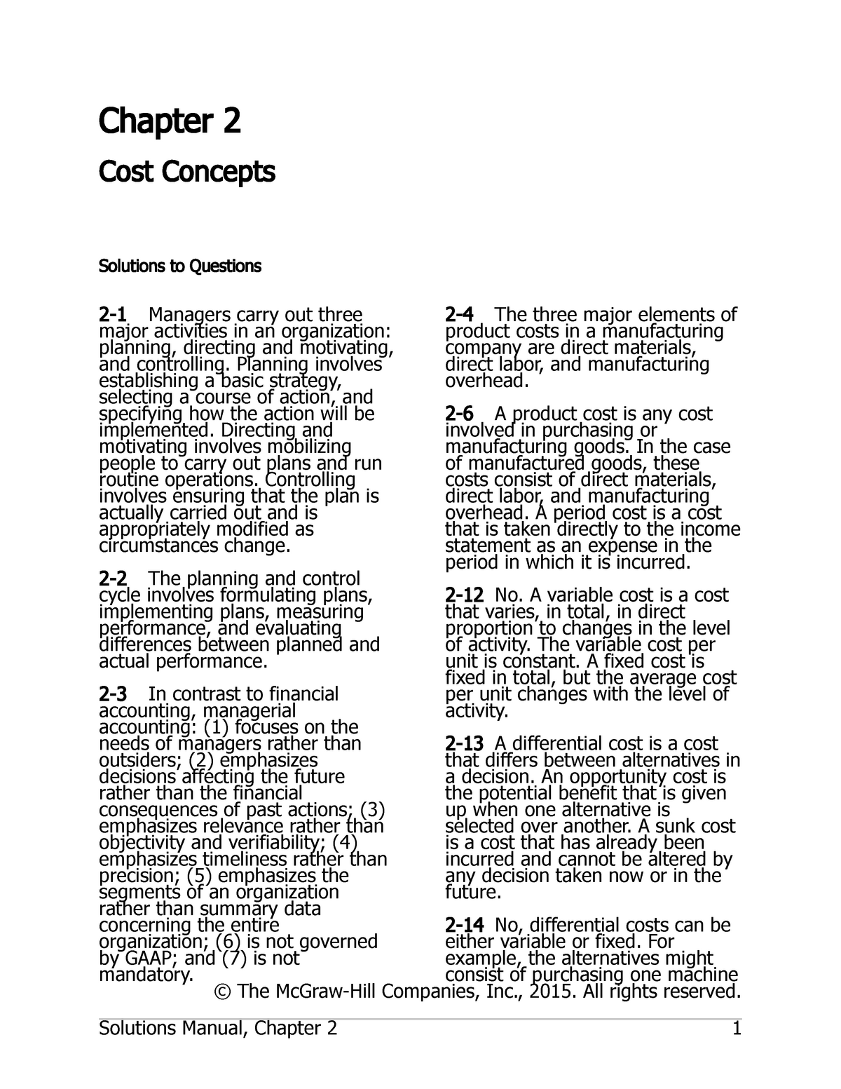 Sol-ch02 - Yes - Chapter 2 Cost Concepts Solutions To Questions 2 Major ...