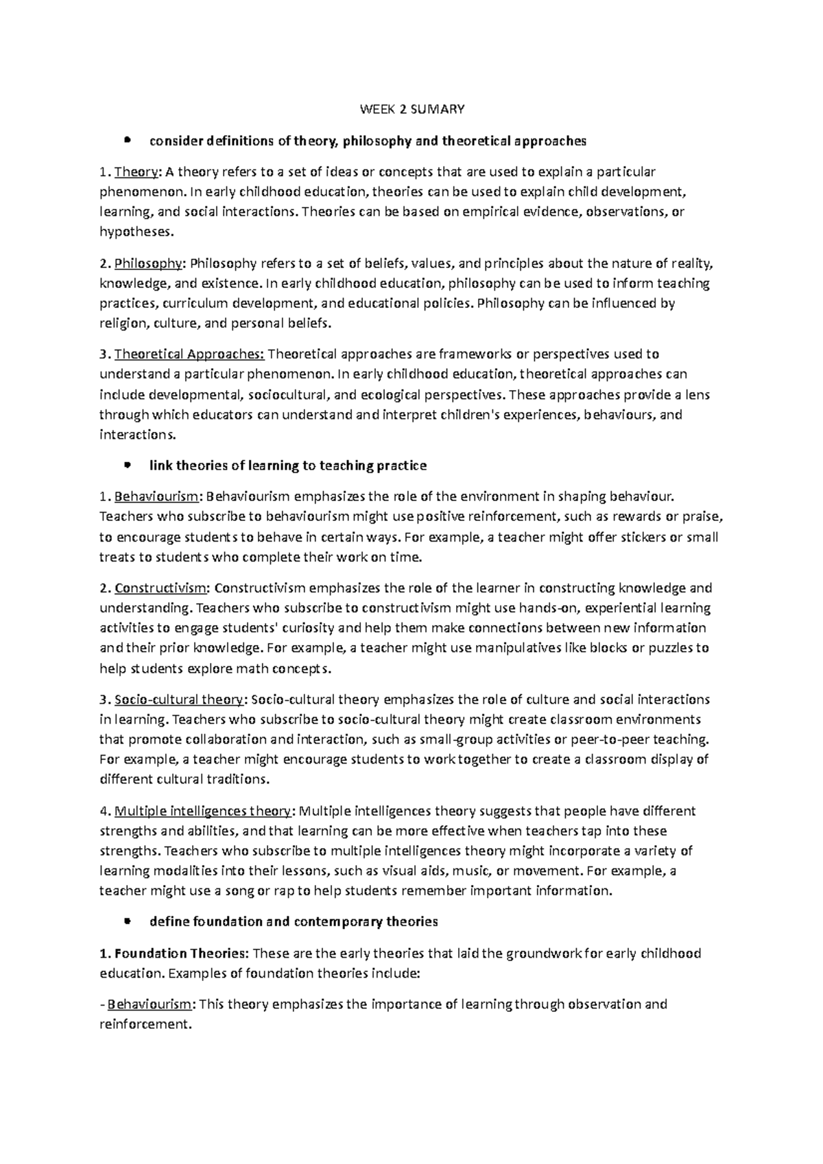 WEEK 2 Sumary - Summary - WEEK 2 SUMARY consider definitions of theory ...