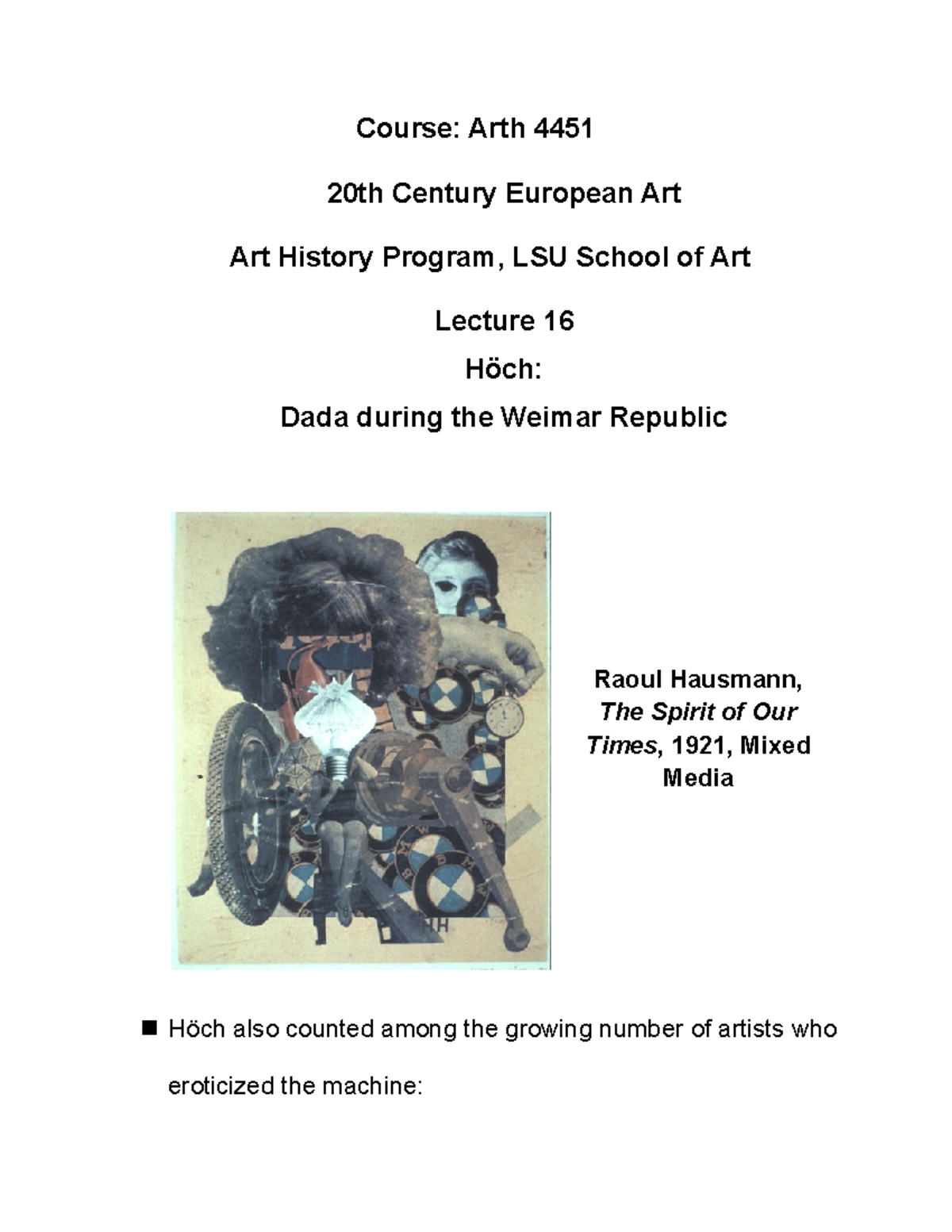 Höch 20th Century Art History lecture notes from ppt transcription